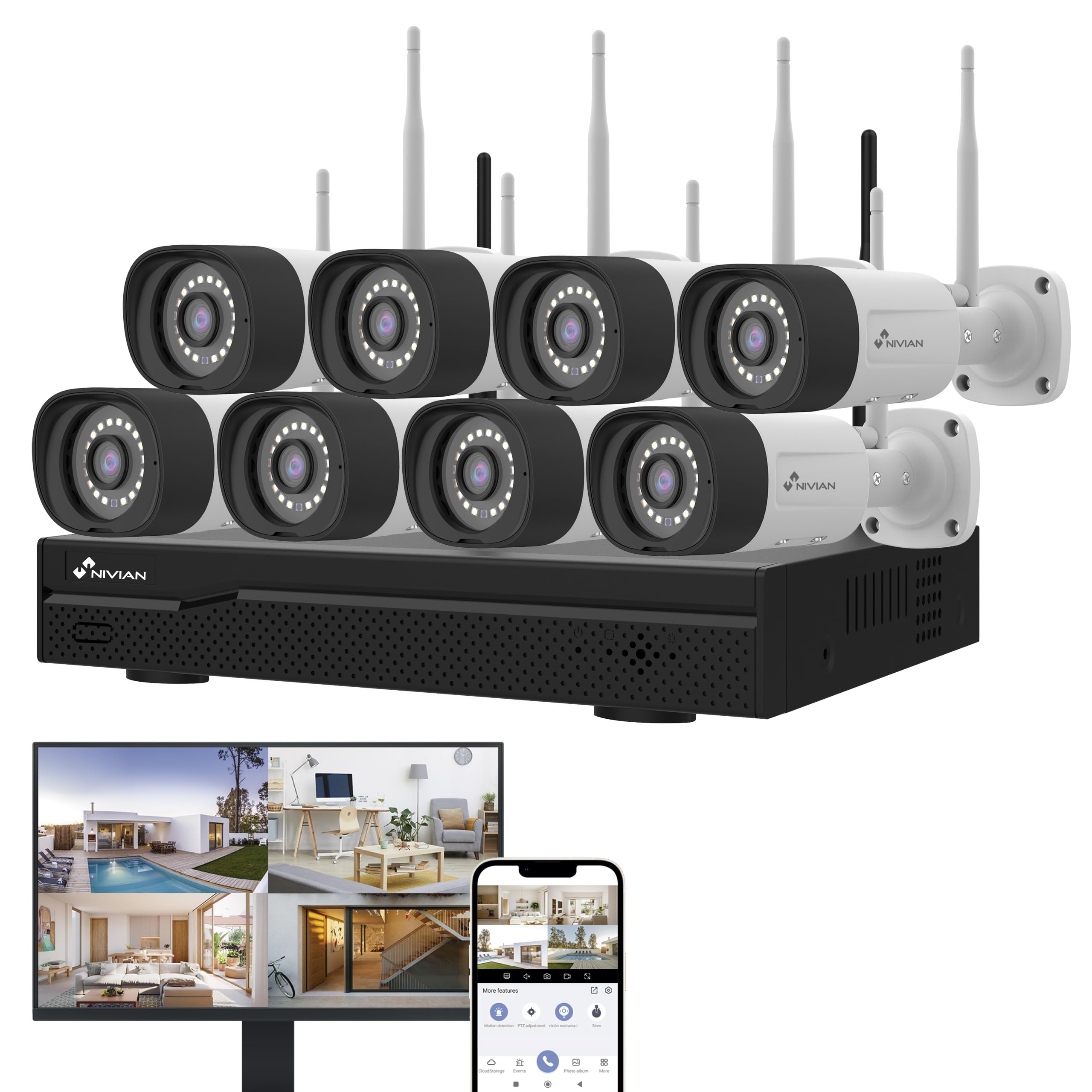 NIVIAN Kit Camaras de Vigilancia Profesional WiFi SuperHD con 8 Cámaras IP y Grabador 16CH - para Casas y Negocios - Visión Nocturna, Detección Humana IA, Audio Bidireccional, Fácil Instalación
