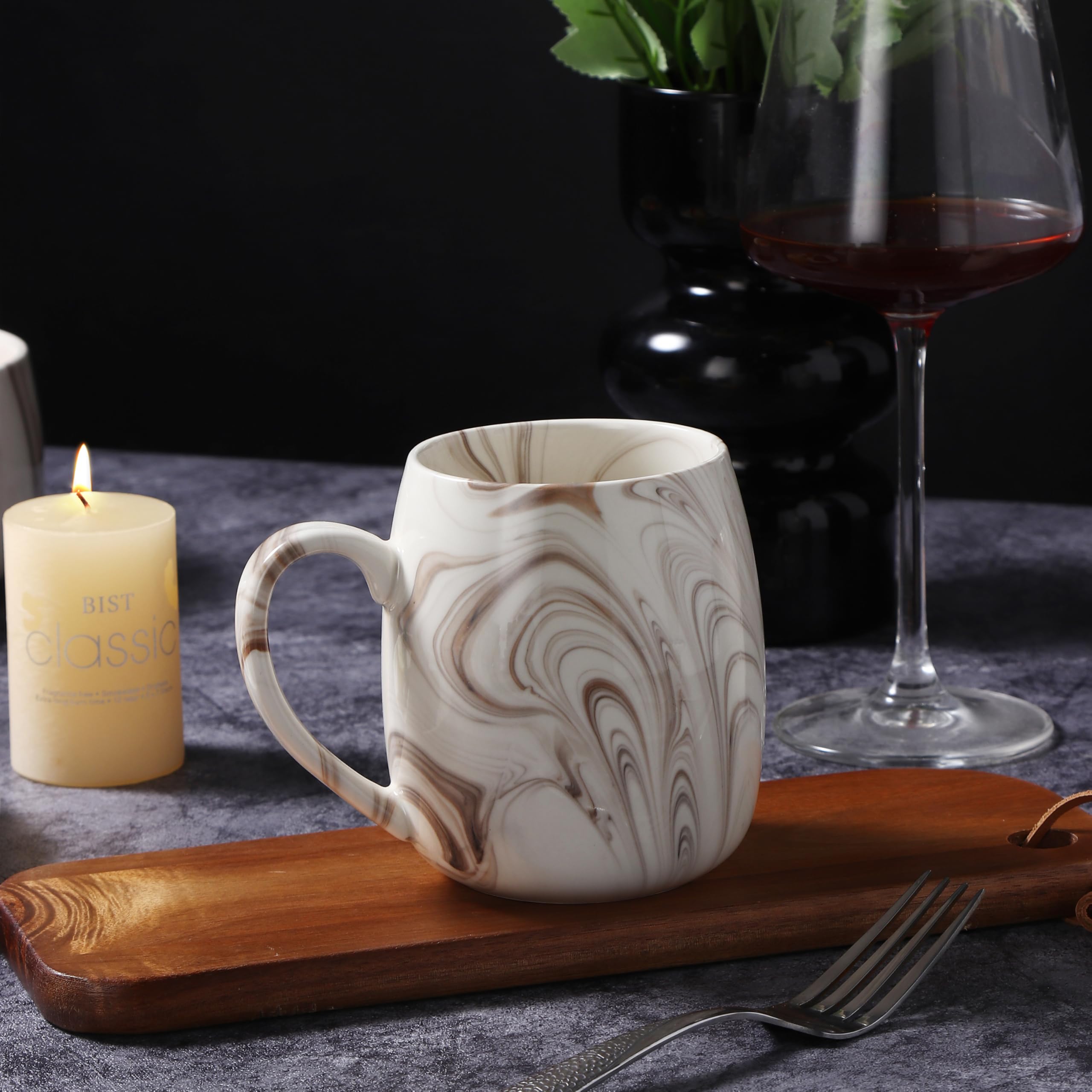 Lorren Home Trends Juego de 4 tazas de café de cerámica con patrón de mármol, diseño de remolino marrón y blanco