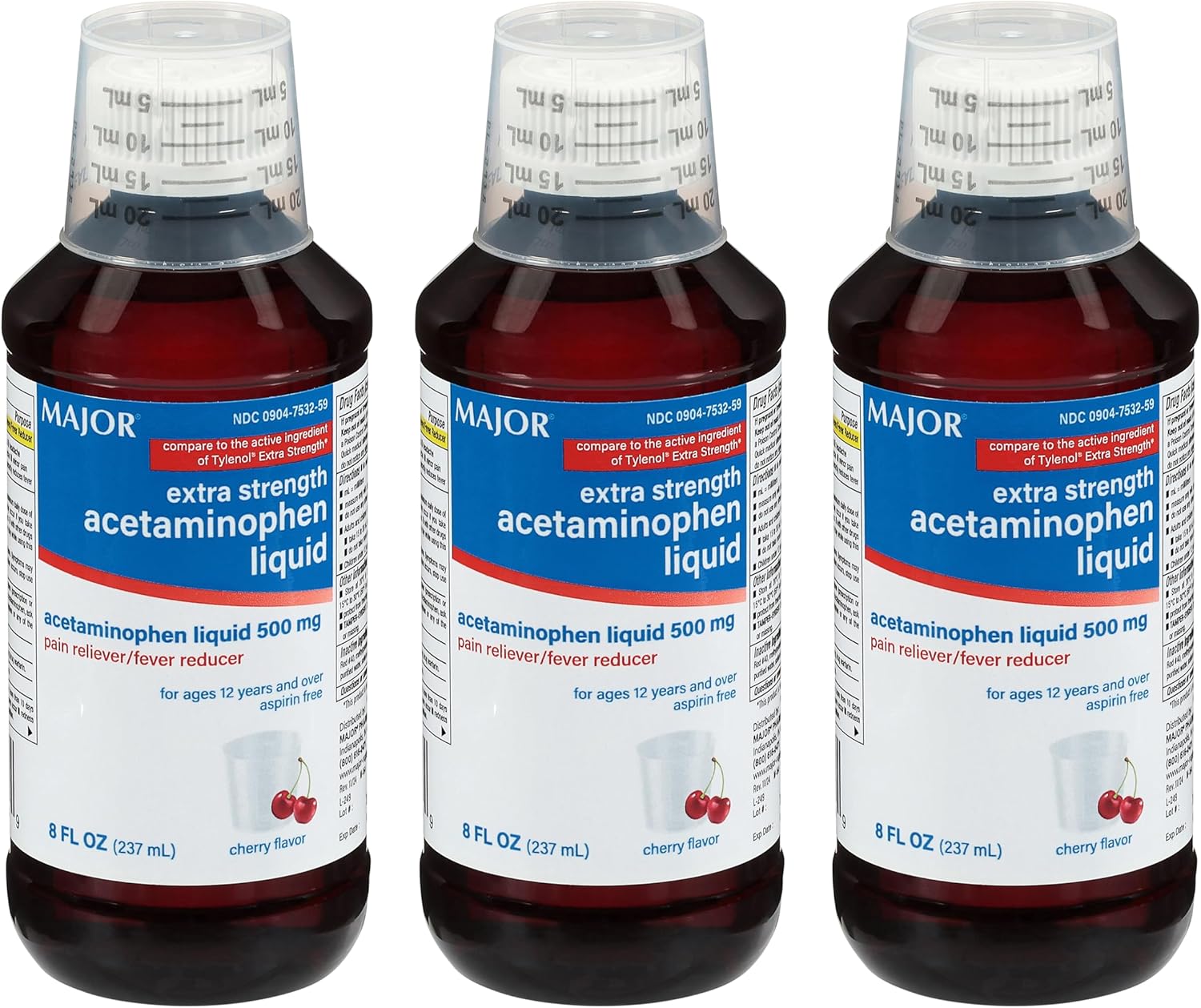 MAJOR Adult Extra Strength Liquid Acetaminophen 500mg - Helps Relieve Pain and Reduce Fevers - Aspirin Free - Cherry Flavor - 8 Fl Oz (3 Pack)