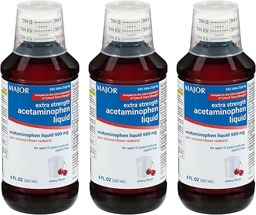 Miniatura 7 de MAJOR Acetaminofeno líquido extra fuerte para adultos, 500 mg, ayuda a aliviar el dolor y reducir la fiebre, sin aspirina, sabor a cereza, 8 onzas