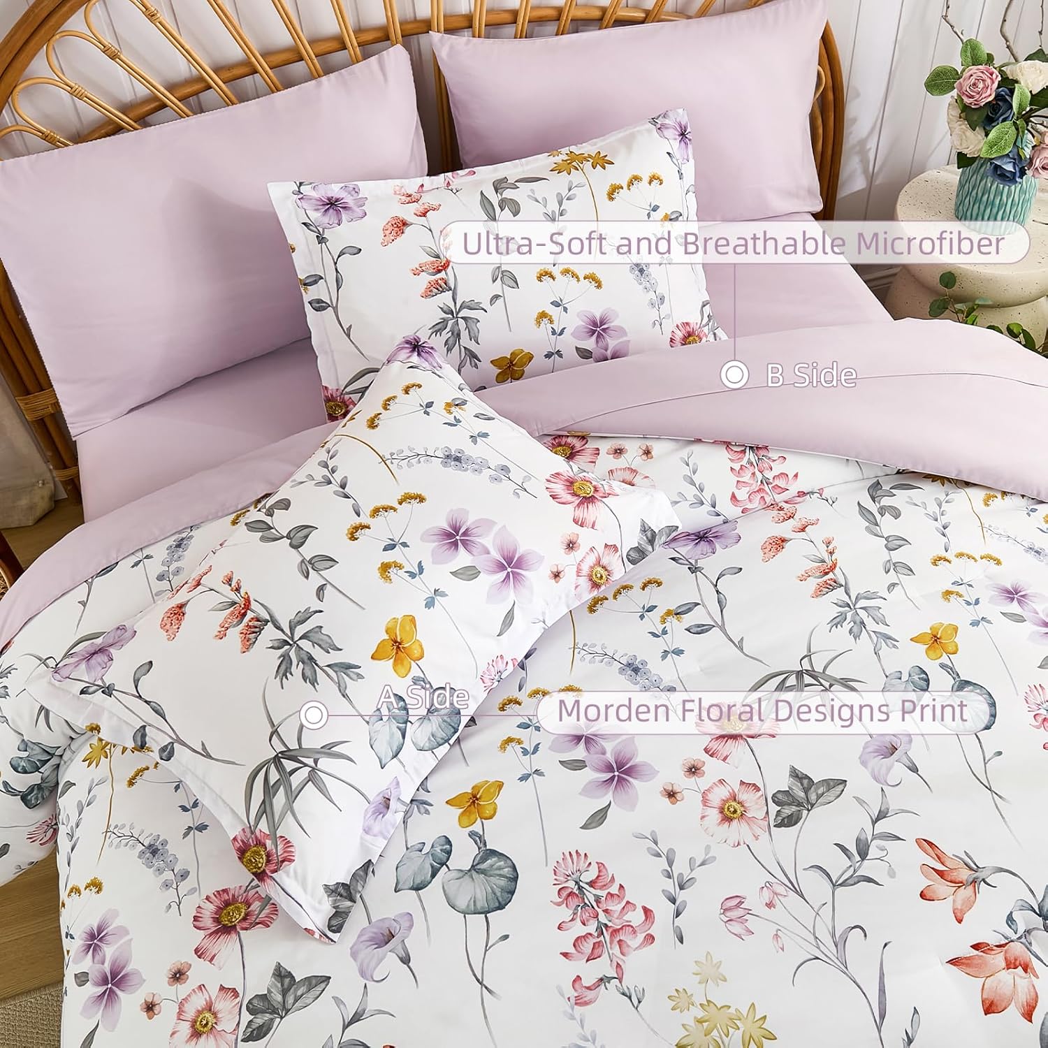 DJY Queen Comforter Set, White Botanical Floral Bedding Comforter Sets Queen Size for All Seasons, 7 Pieces Bed in a Bag Lightweight Microfiber Comforter Set with Sheets Pillowcases & Shams