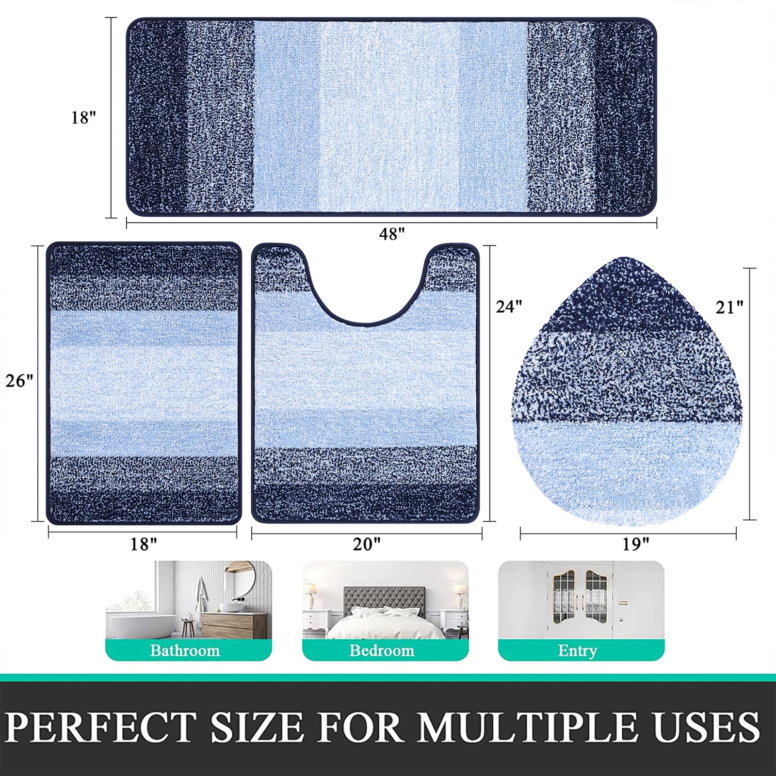 Bsmathom Juego de 4 alfombras de baño con funda para tapa de inodoro y juego de alfombras, alfombras de baño antideslizantes, lavables, suaves, peludas, absorbentes, con alfombrilla de inodoro en