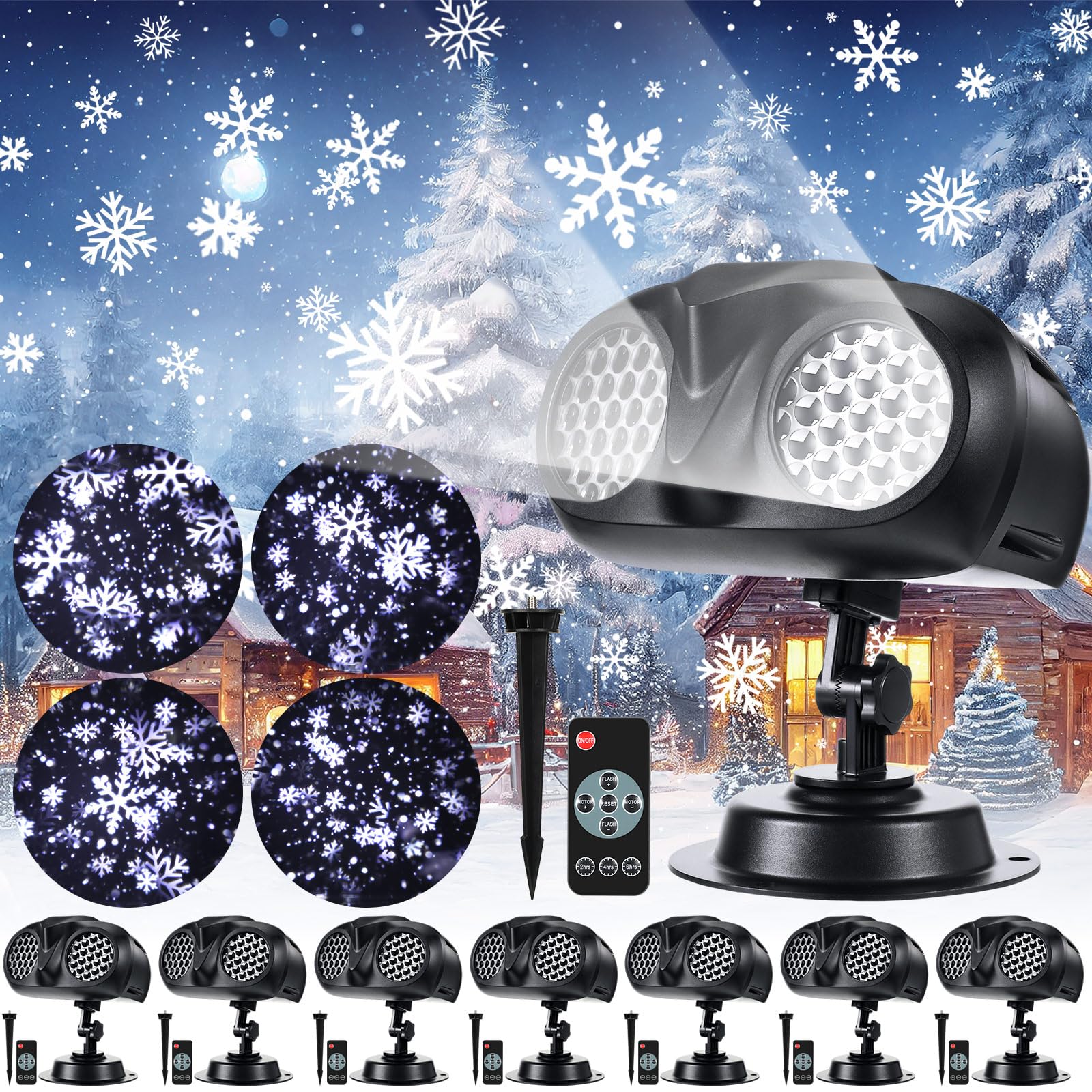 8 Pcs Christmas Dynamic Snowflake Projector Lights 2 Light LED Snowfall Show Outdoor Projector Dynamic Snow LED Waterproof Light Projection LED Christmas Lights for Home Outdoor Landscape