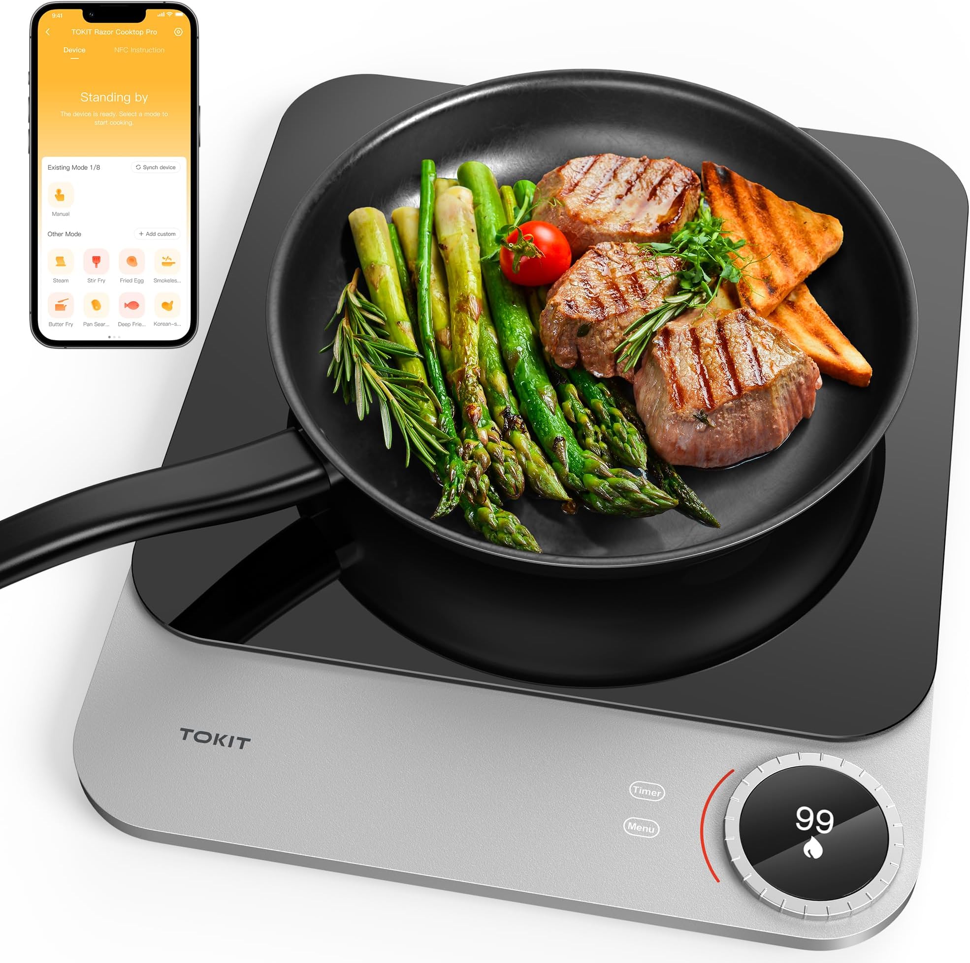 Induction hob, 2100 W, single induction cooker plate, portable, 99 power levels with OLED display, timer, 20mm ultra-thin, app control, temperature sensor