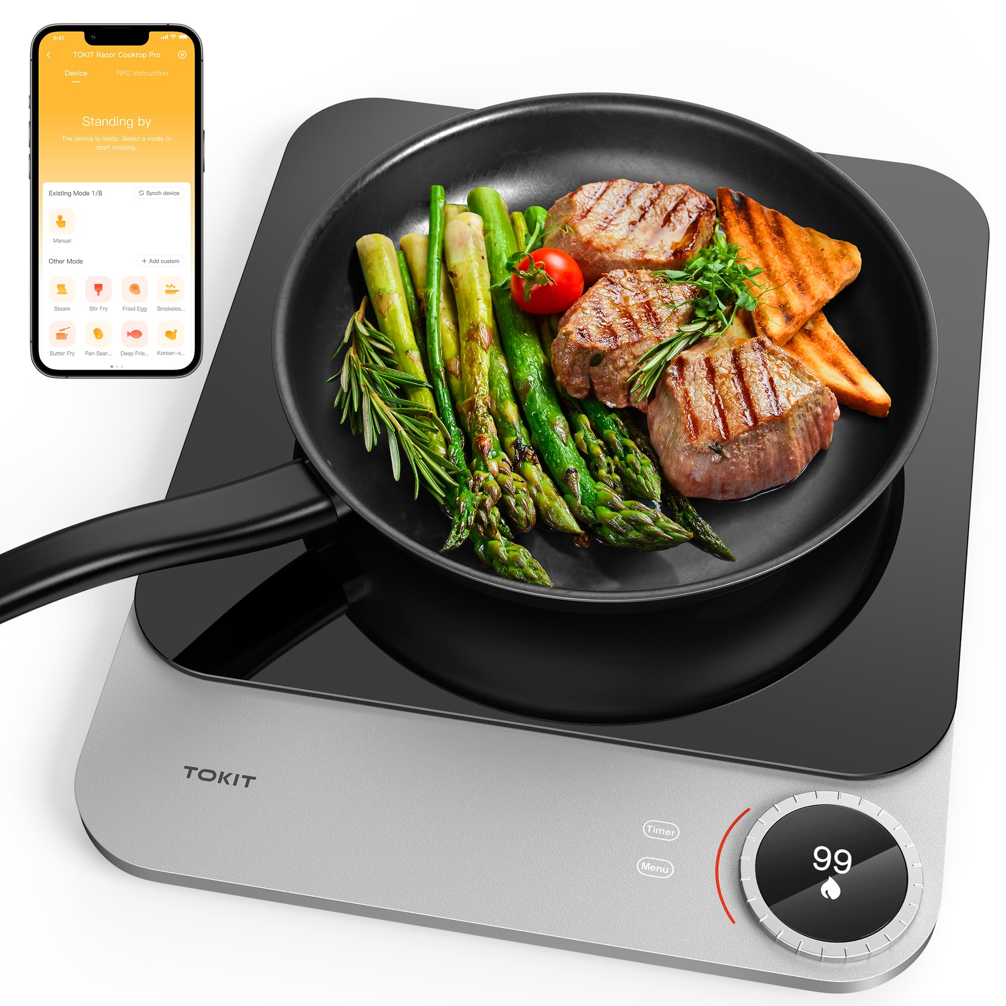 TOKIT Induction hob, 2100 W, single induction cooker plate, portable, 99 power levels with OLED display, timer, 20mm ultra-thin, app control, temperature sensor