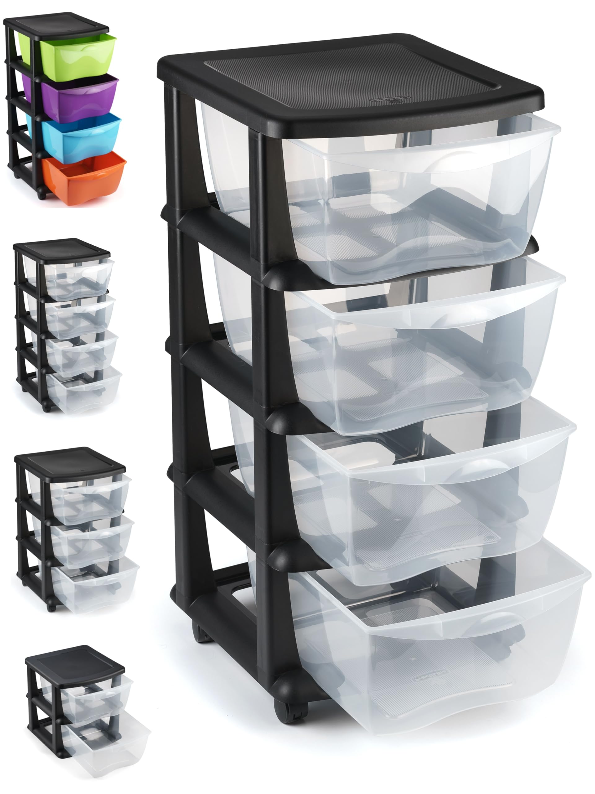 Mueble almacenaje Plastico torre cajonera organizador cajones con ruedas archivador - Escritorio,Oficina, escuela,baño, sala de estar - Hecho en E.U (4 Cajones)