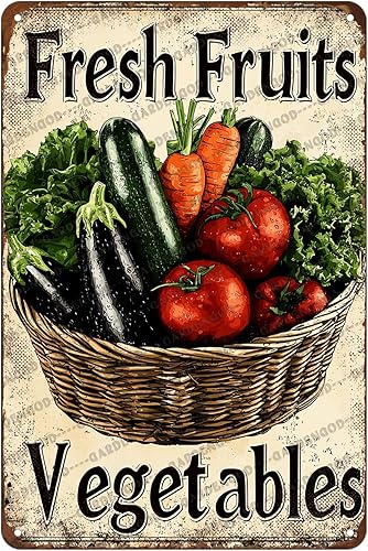 Letrero de lata de frutas y verduras frescas, divertido plato de granja de verduras y verduras, decoración de pared retro para el hogar, cocina, 12