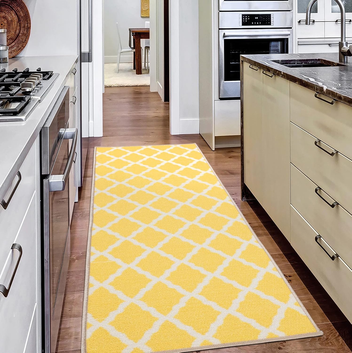 Ottomanson Glamour Collection Non-Slip Rubberback Moroccan Trellis Design 2x5 Indoor Runner Rug, 20" x 59", Yellow Trellis Yellow Runner - 20" x 59"