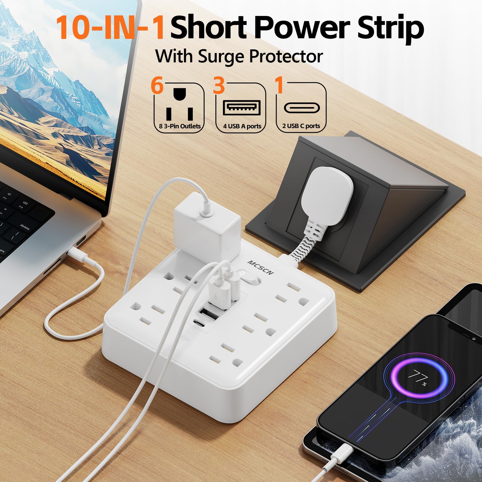 Enchufe plano portátil delgado y delgado, protector de sobrecarga, regleta de alimentación con 6 salidas de CA, 4 USB (1C) para el hogar, oficina, dormitorio, viajes, artículos esenciales