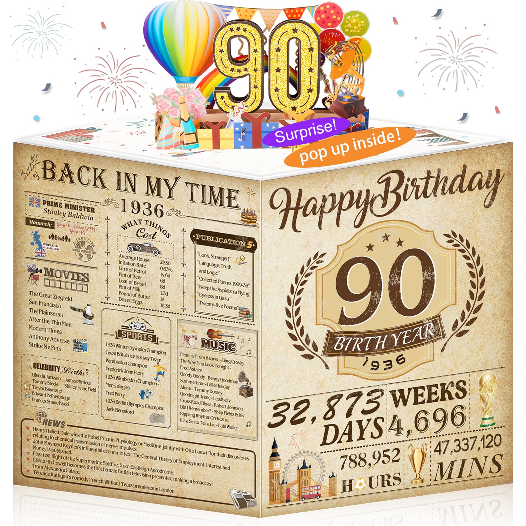 90th Birthday Cards Funny 3D Pop Up Gifts with Envelope for Women Men Wedding Anniversary Party Decorations Born In 1936 90 Year Old Poster Greeting Card for Grandma Mum Dad Husband Wife Aunt Uncle