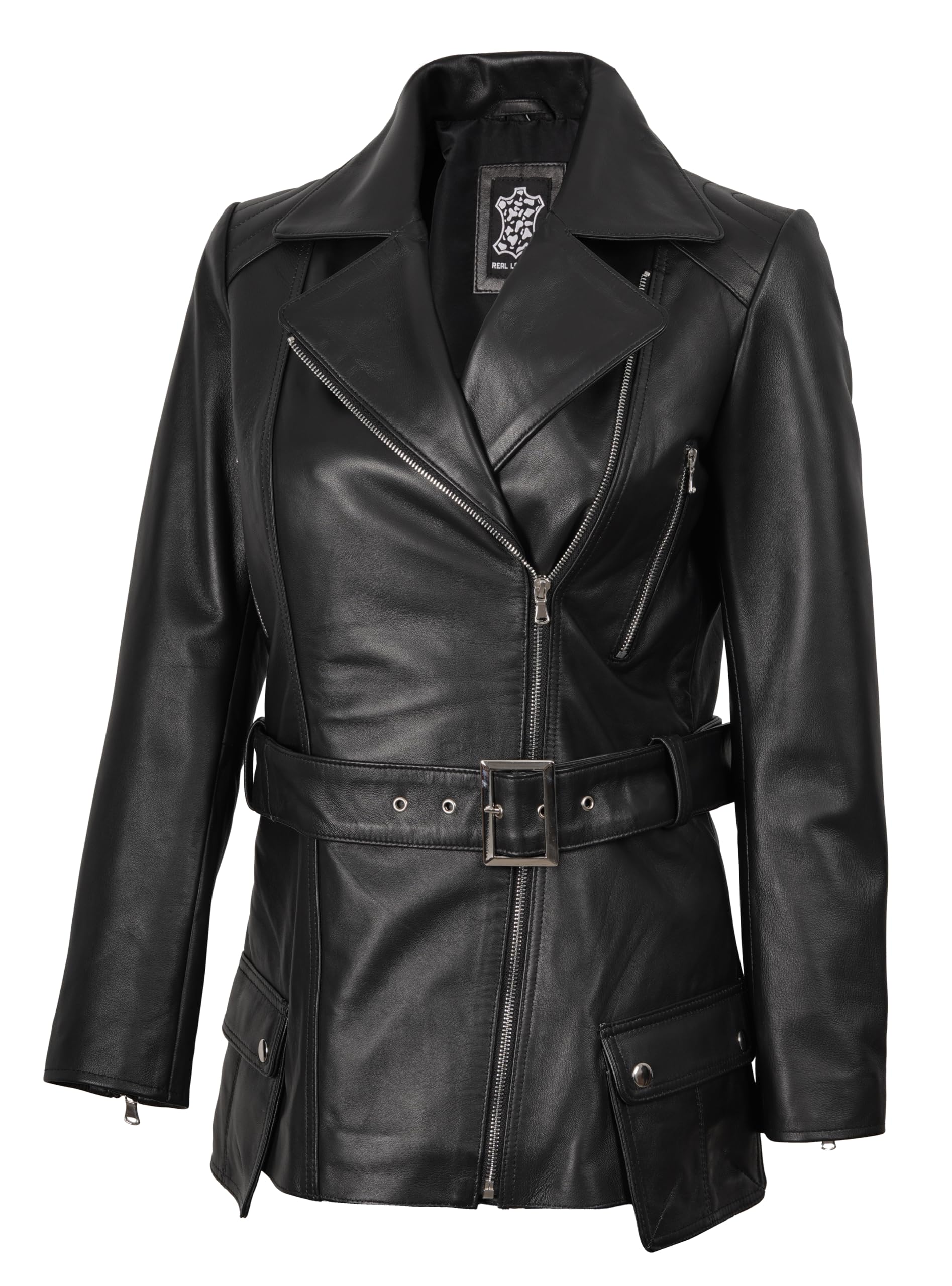Decrum Asymmetrical Womens Leather Jacket - Belted Style Real Lambskin Leather Jackets For Women