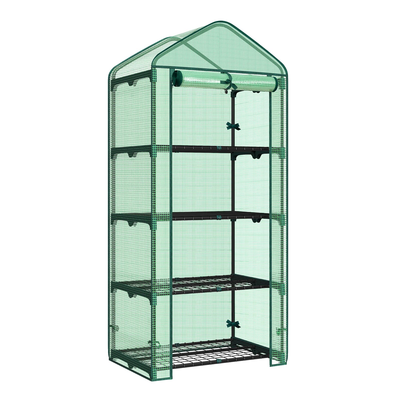 WOLTU Serra da Giardino a 4 Ripiani, Serra da Balcone con Porta Avvolgibile, Telo in PE Impermreabile, Tetto a Punta, Telaio in Metallo Verde, 69x49x158 cm