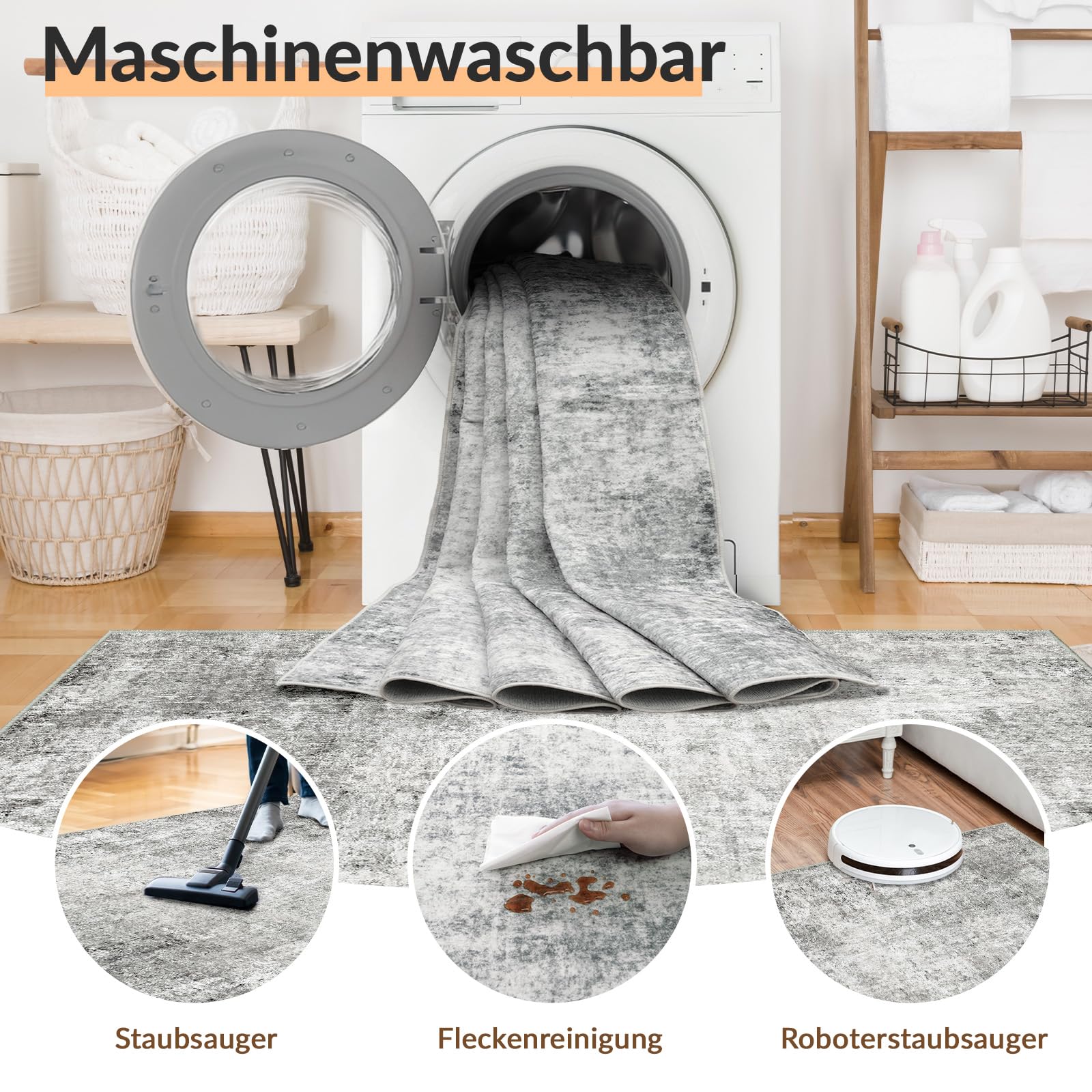 INOVADAY Waschbarer Teppich Wohnzimmer 120x180 cm Moderne Abstrakt Teppich Schlafzimmer mit Weichem Kurzflor rutschfest Minimalistische Teppiche für Lounge Esszimmer Grau/Weiß