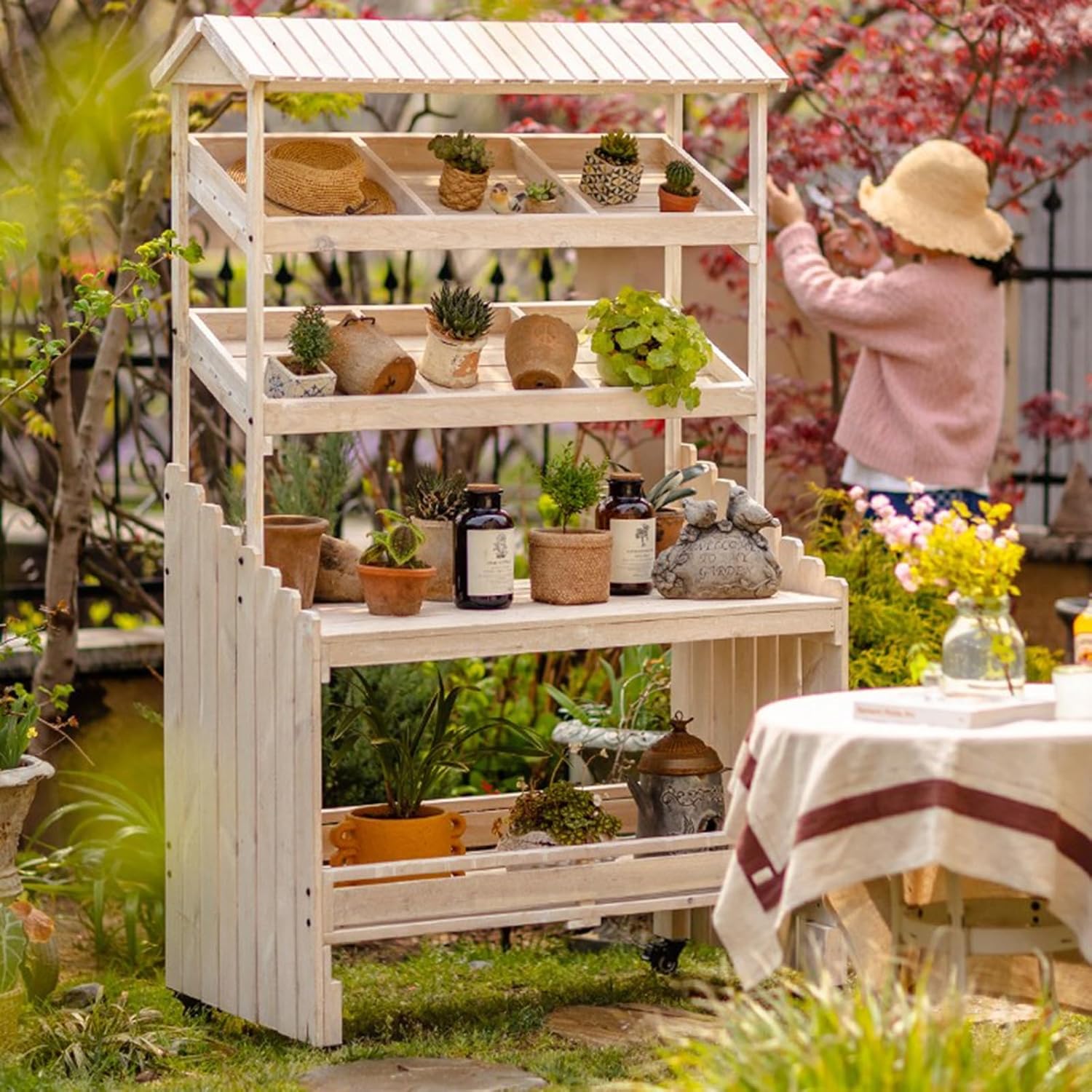 Mobile Potting Bench Table with Eaves, Garden Work Bench, Outdoor Wooden Workstation Hut with Multiple Compartments and 4 Locking Wheels, for Patio Courtyards Planter, Natural