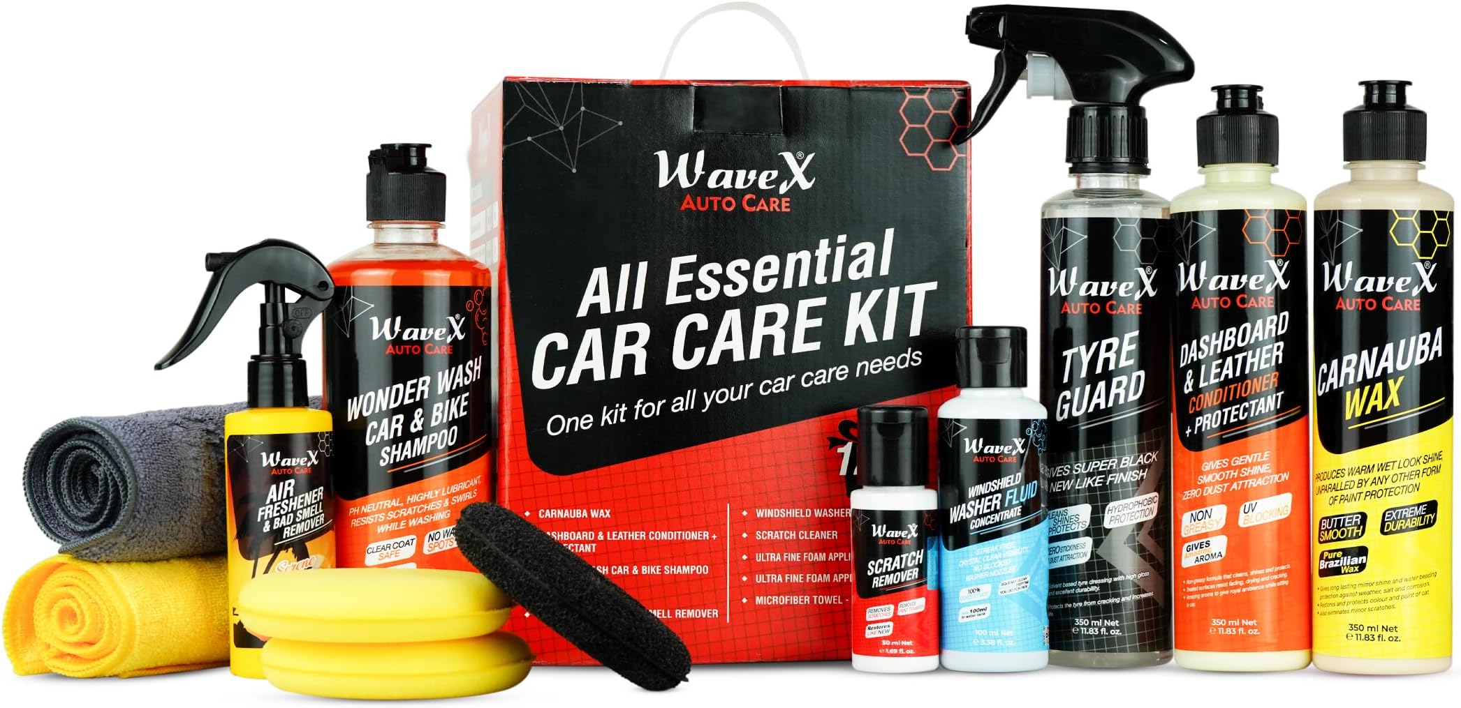 - Wavex Car Polish Kit 12 Pcs | Includes Car Dashboard Polish, Car Wax, Tyre Polish, Car Shampoo, Windshield Washer & Car Freshener, Scratch Remover, 2 Cloths, 3 Applicators - Car Washing Kit