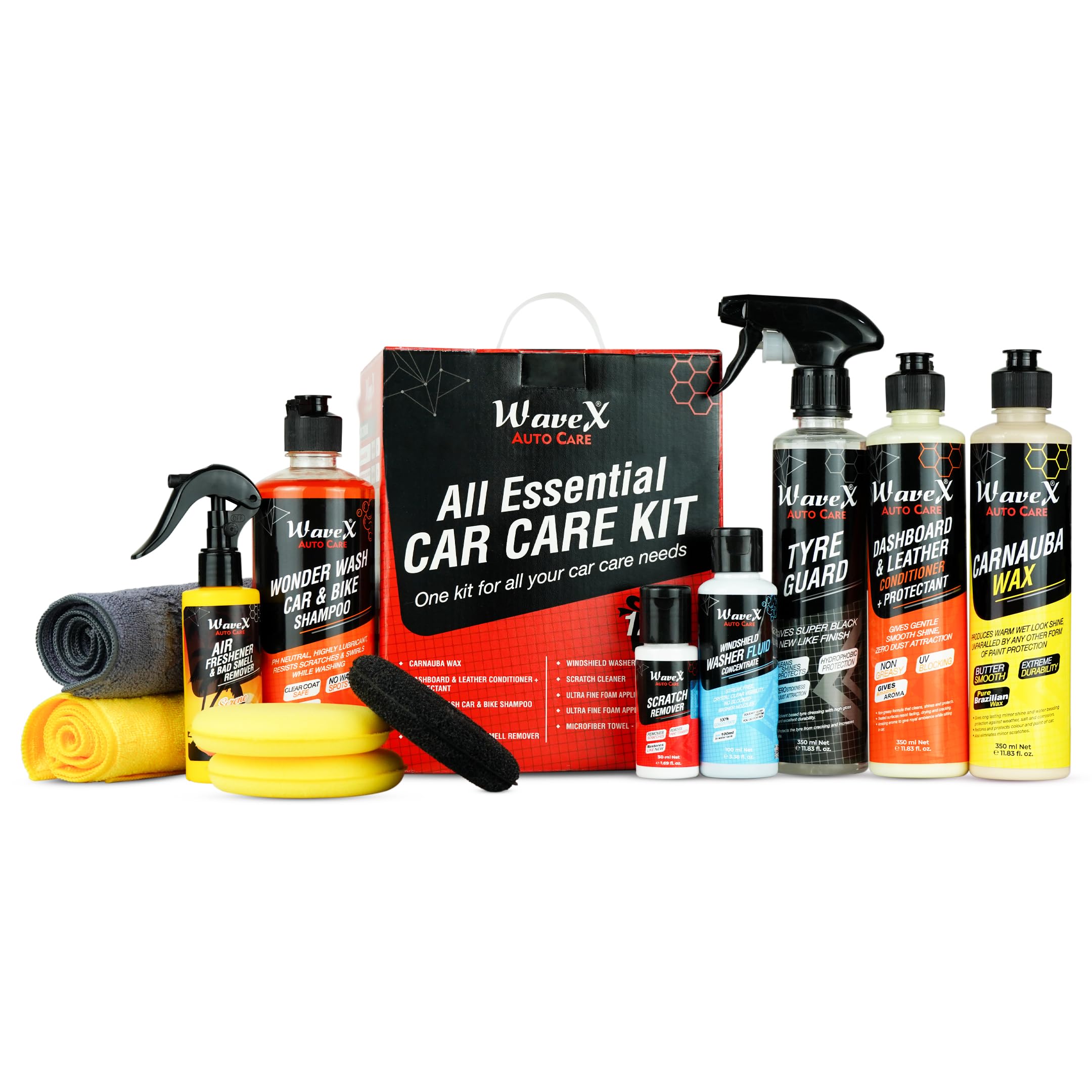 Wavex Car Polish Kit 12 Pcs | Includes Car Dashboard Polish, Car Wax, Tyre Polish, Car Shampoo, Windshield Washer & Car Freshener, Scratch Remover, 2 Cloths, 3 Applicators - Car Washing Kit