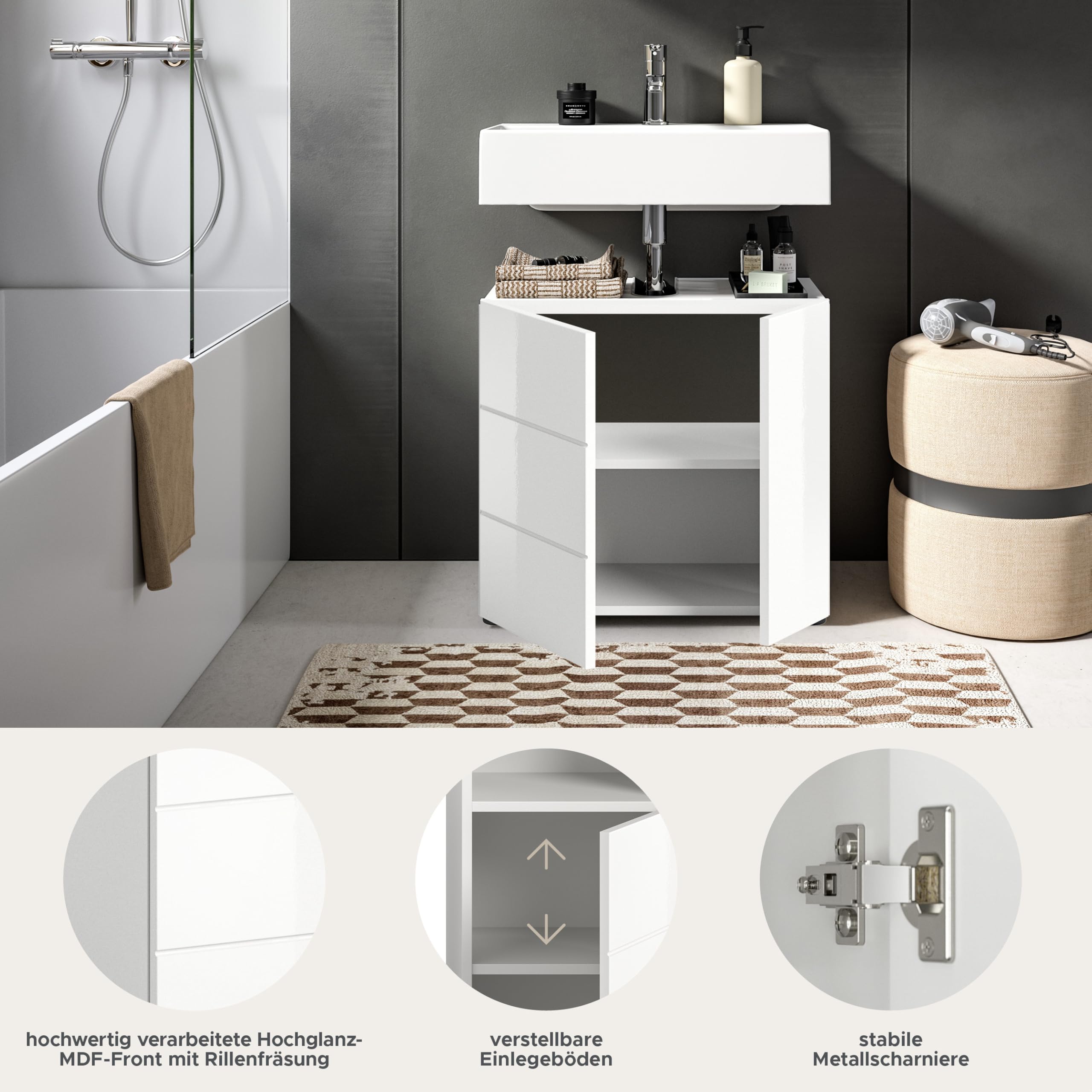 xonox.home - Waschbeckenunterschrank Vira 60x56x34 cm in Front weiß Hochglanz Tiefzieh Korpus weiß Melamin - Unterschrank Badezimmerschrank - modern, praktisch und funktional