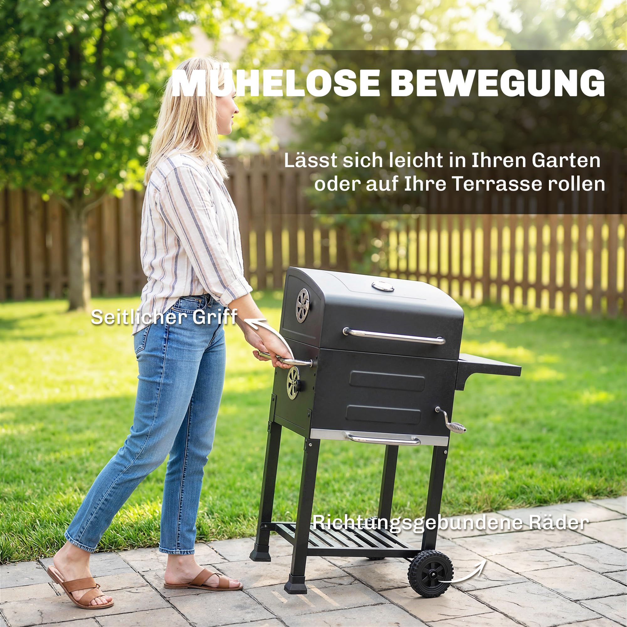 Outsunny Kompaktowy grill na węgiel drzewny z pokrywką, termometr, ruszt do grillowania, stolik boczny, komora na popiół, otwory wentylacyjne, BBQ Smoker z kółkami, grill stojący na kempingu, do