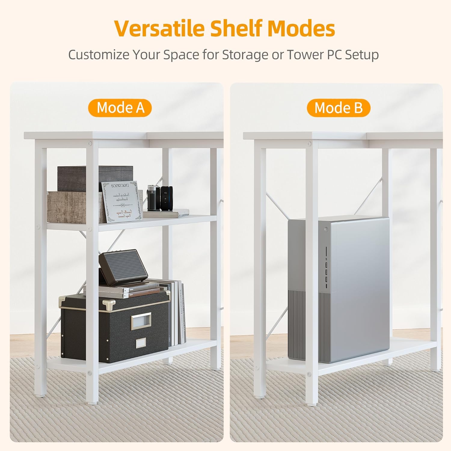 Two modes for shelf configuration: Mode A with items on shelves, Mode B with a tower PC on the bottom shelf