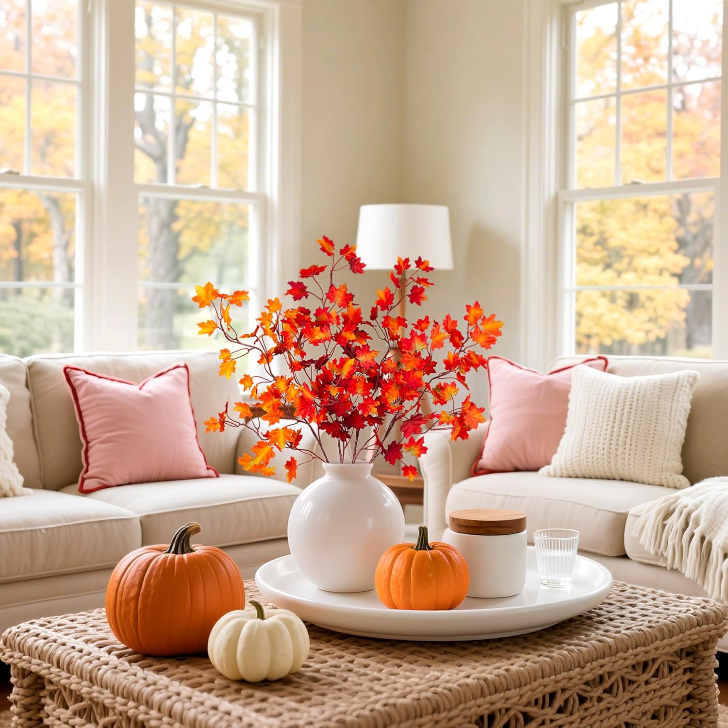 Ammyoo 4 Pcs Artificial Fall Maple Leaves Stems Fake Fall Foliage Branches for Vase Faux Silk Plants for Indoor Home Decor Table Centerpiece Mantel Room Autumn Festive Thanksgiving Decoration