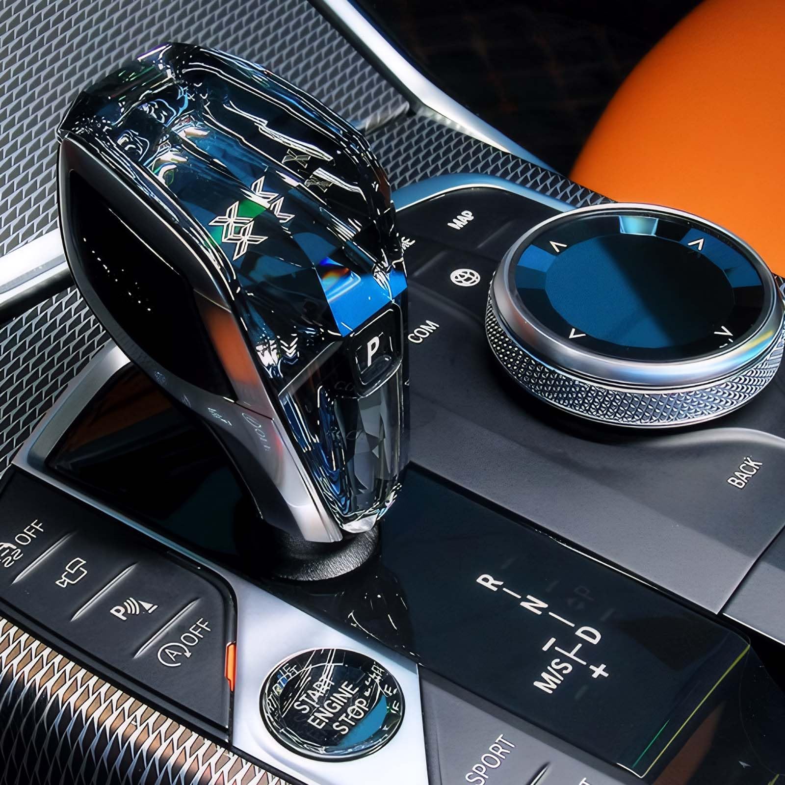 Photo 1 of MH 4-Piece Crystal Shift Knob Handle (LHD) Accessories with Orange LED Light X - for BMW X3 X5 X6 X7 G01 G02 G08 G05 G06 G16 G29 i4 ix3/Z4 Series