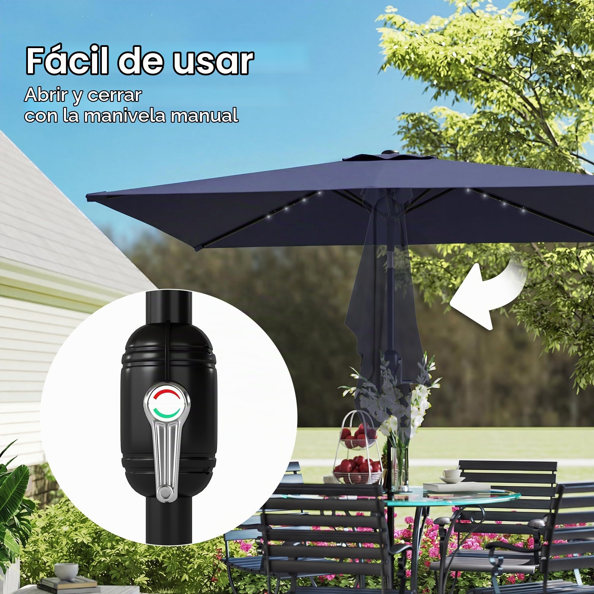 Outsunny Sombrilla Terraza Exterior 2,9x2,5 m con 24 Luces LED | Sombrilla de Jardín, Solares, Dosel Inclinable, Poste Metálico, Parasol para Patio, Terraza