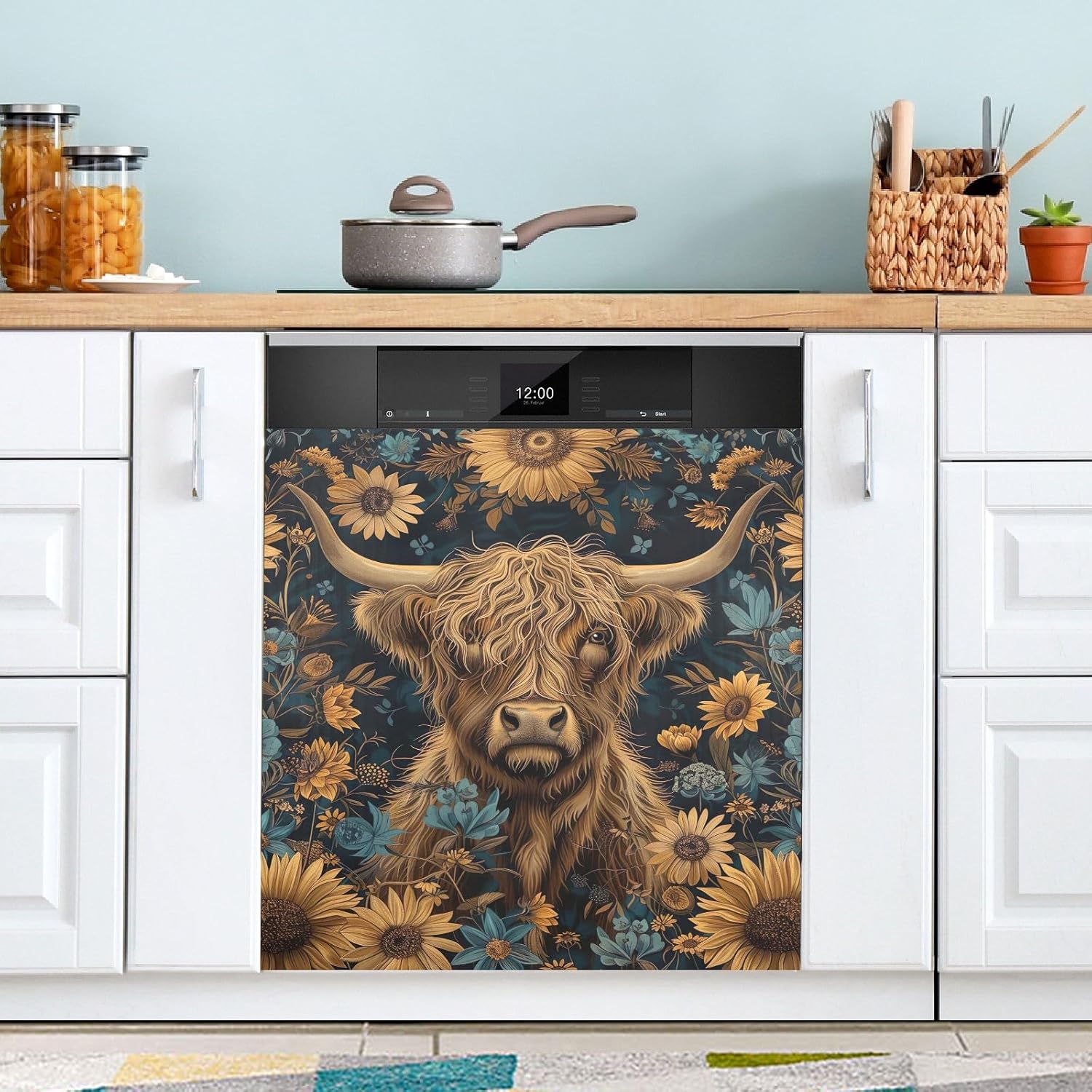 Retro Highland Cow Sunflowers Dishwasher Magnet Covers, Decorative Fridge Front Decal Reusable Fridge Magnet Cover 23 x 26 Inches