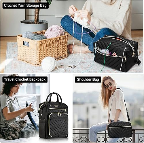 Vista 25 de Mochila para tejer, bolsa de ganchillo, organizador de hilo con puerto de carga USB, regalos de Navidad, bolsa de almacenamiento de punto de viaje