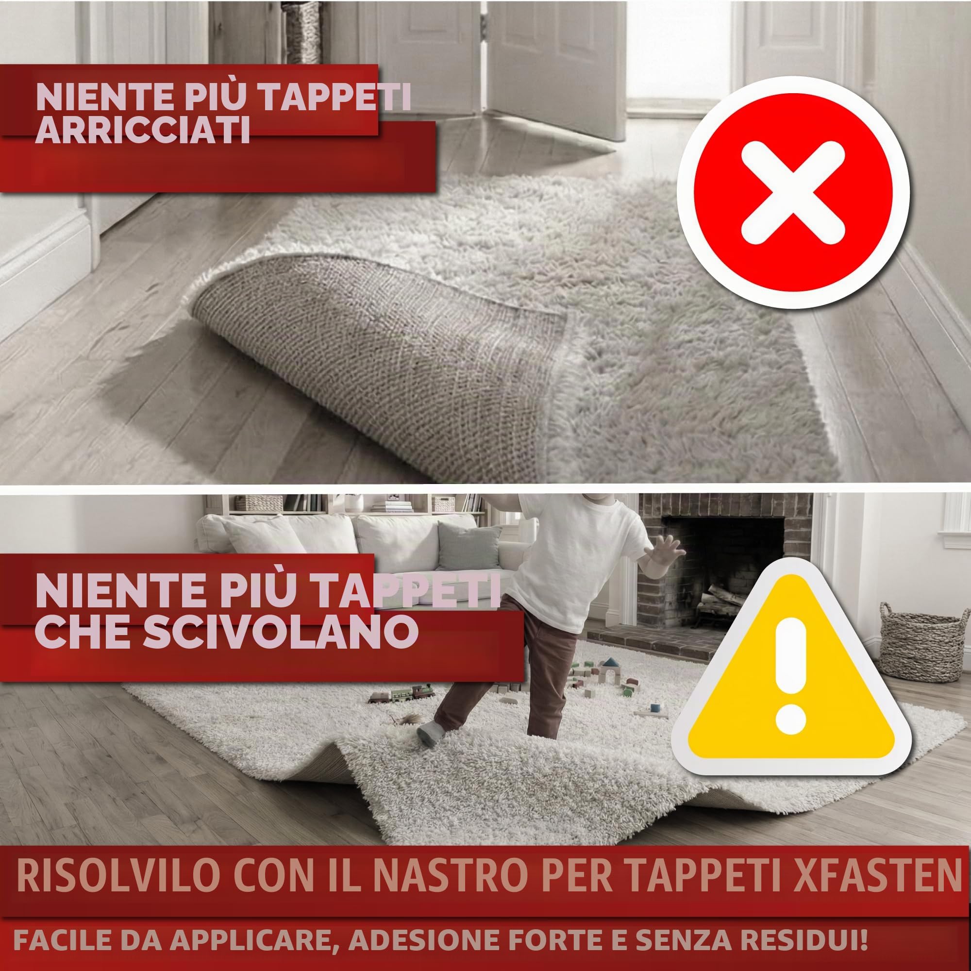 XFasten Nastro biadesivo per tappeti e moquette, rimovibile e sicuro in legno duro, 2 pollici x 10 iarde, ideale per tappeti, moquette o delicati pavimenti in legno duro