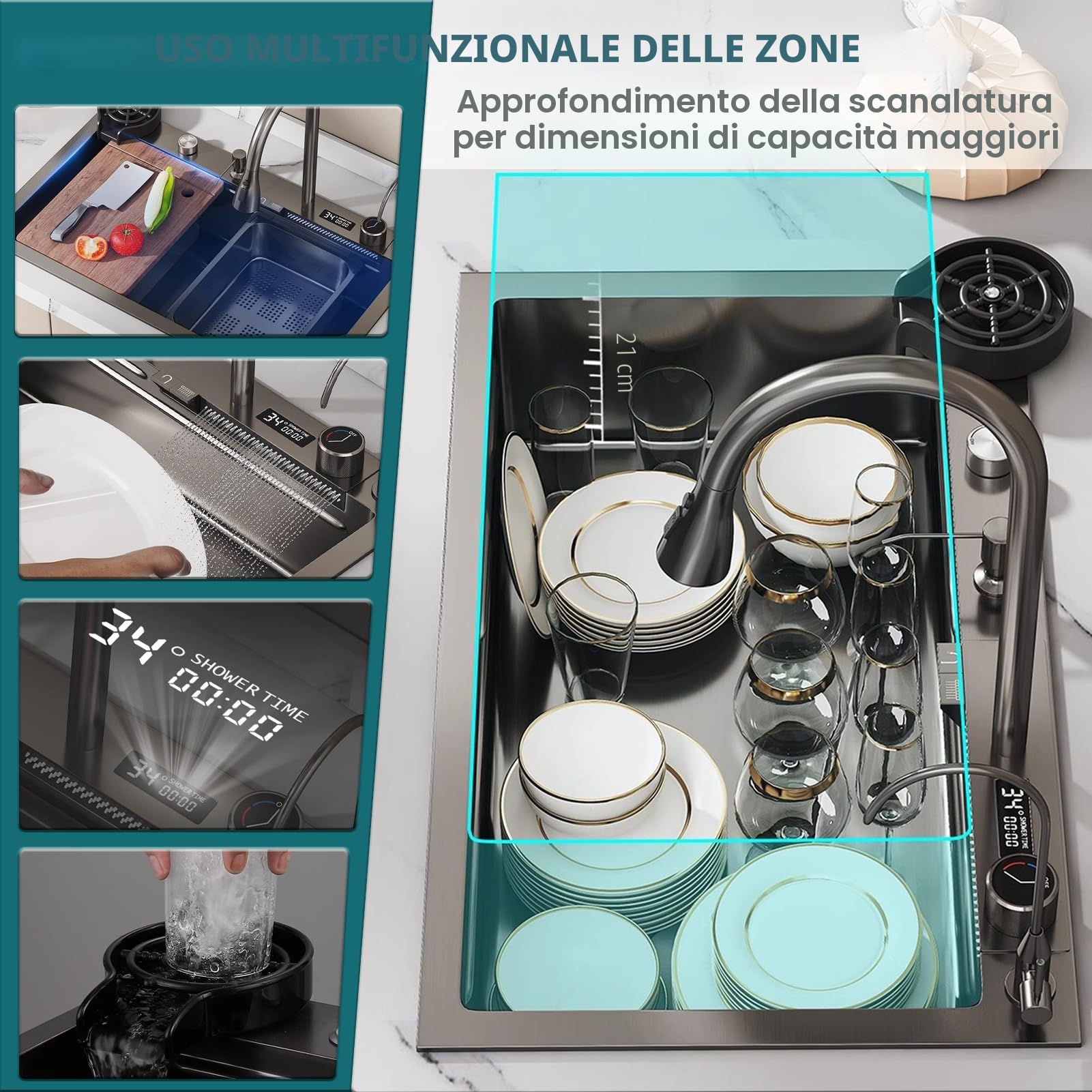Lavandino Cucina Nero Antracite 85 x 50 cm,Lavello Cucina 1 vasca con LED rubinetto estraibile,Multifunzione Cucina in acciaio inox,Lavabo Cucina con Sifone Antiodore e Kit Scarico Completo