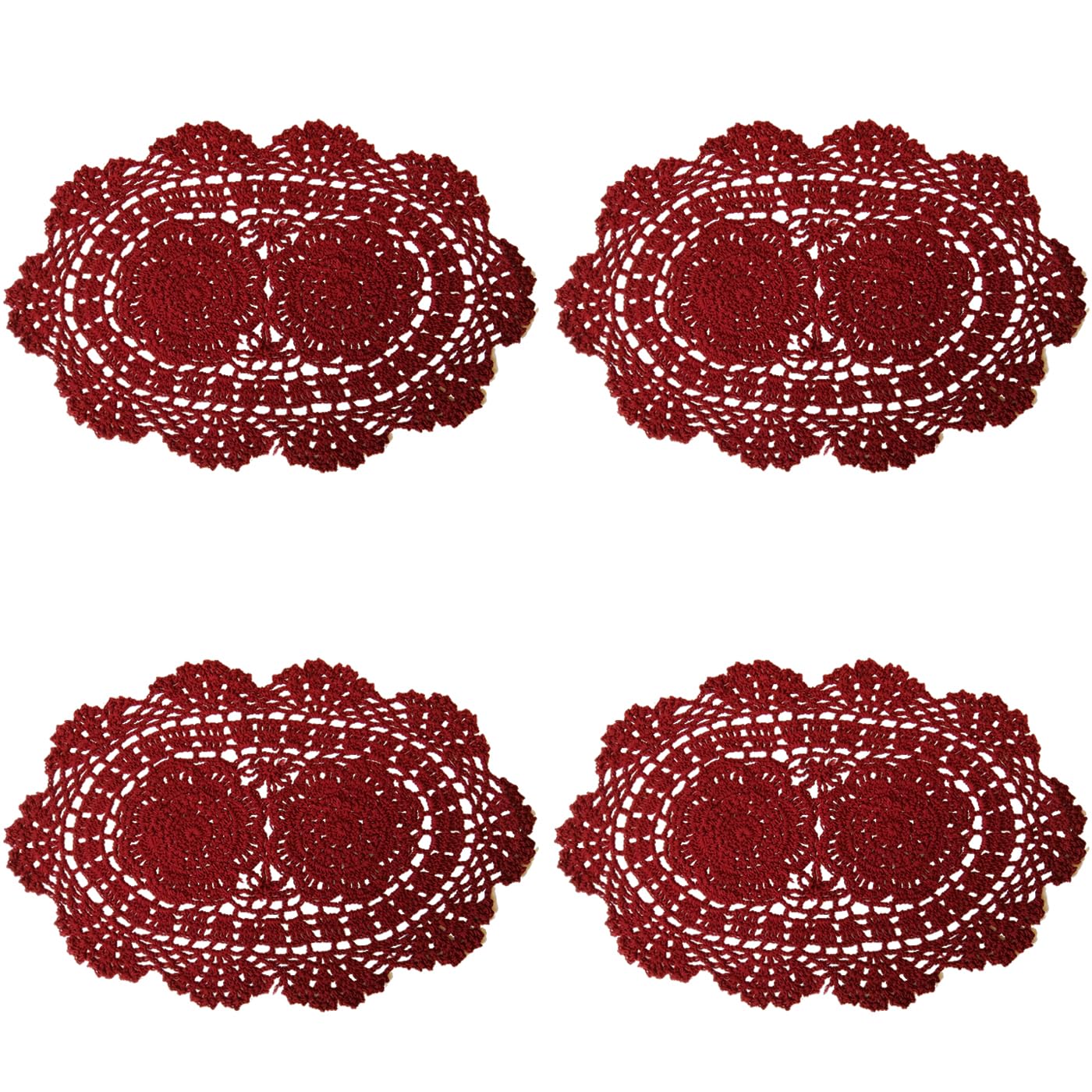 Phantomon Lace Doilies Handmade Crochet Placemats Cotton Doilies Cloth Lace, Pack of 4, Oval Shape, 10 x 14 inch (Burgundy)