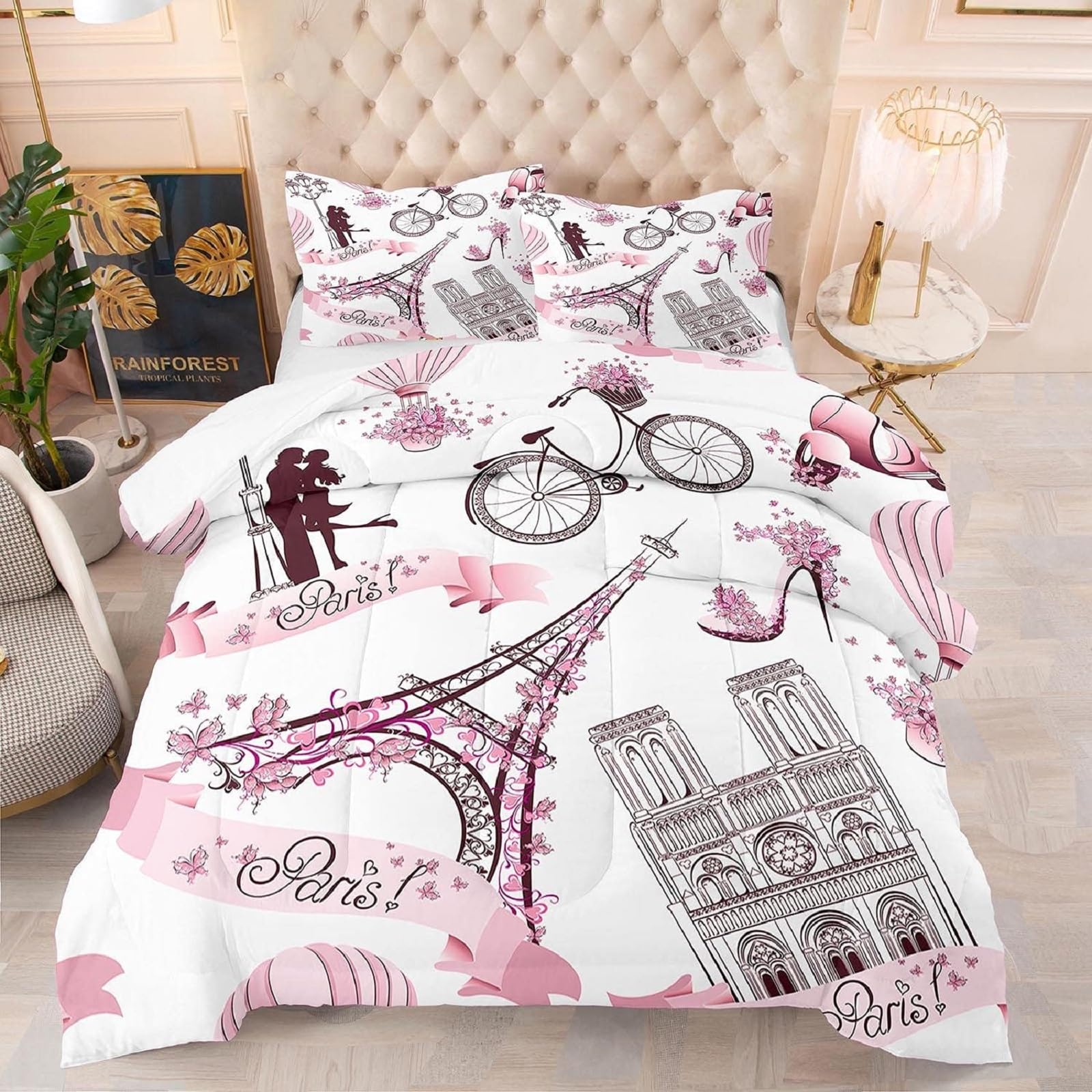 kxry Eiffel Tower Bedding Set Queen Size Paris Comforter for Girls Women French Style Couple Pink Flower Quilted Duvet 1 Comforter + 2 Pillow Cases