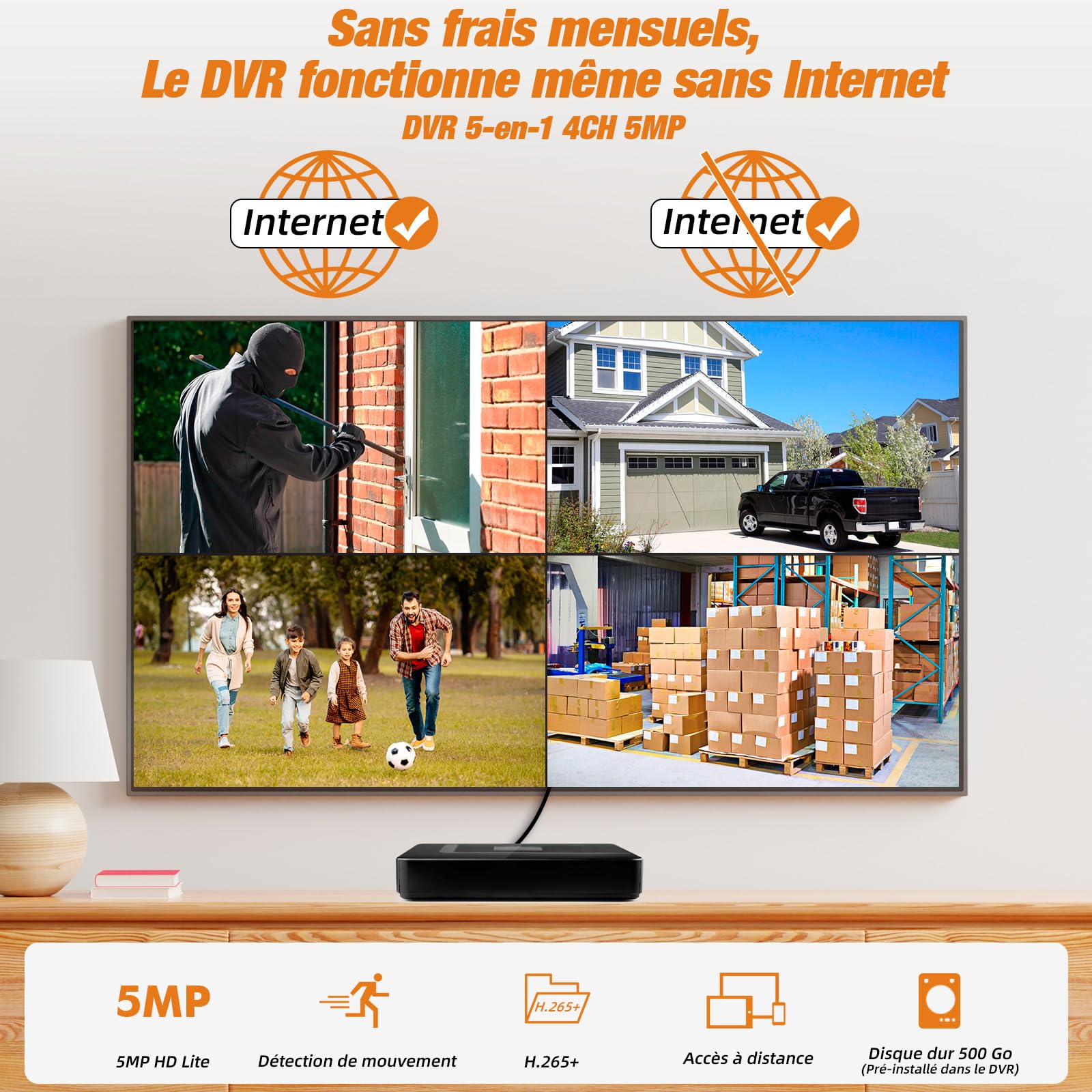 DVR de Surveillance CCTV 4CH avec Disque Dur de 500GBDVR 5MP H.265+ Supporte Caméras AHD/TVI/IP, Surveillance Domicile avec Accès Mobile/PC (P-System)