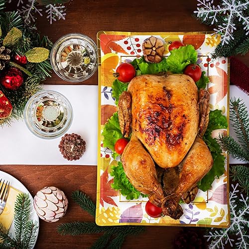 Miniatura 4 de Shellwei 60 platos de papel desechables de Acción de Gracias de 10 x 14 pulgadas, bandejas rectangulares de alimentos de hoja de arce de otoño,