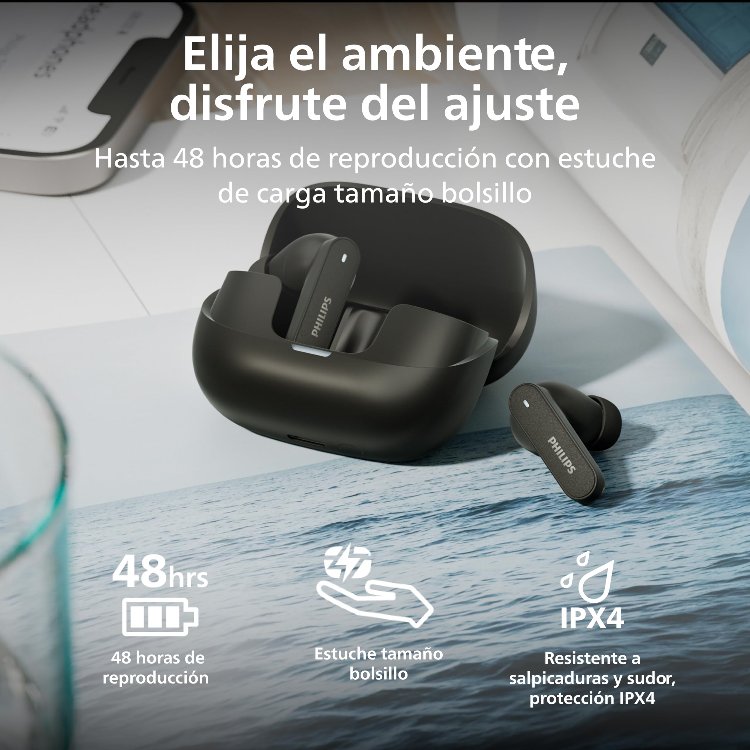 Philips TAT3000BK Auriculares True Wireless, Cancelación Ruido adaptativa, 48h reproducción, Almohadillas SecureFit, Llamadas nítidas 6 micros, Bluetooth 6.0, Auracast, IPX4, Estuche Compacto, Negro