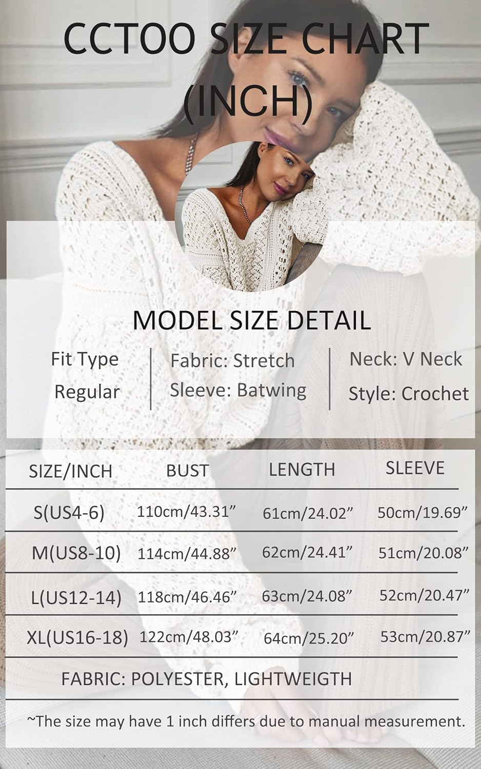 CCTOO Women's Sweaters Casual Oversized V Neck Off Shoulder Sexy Crochet Sweater Batwing Sleeve Pullover Loose Tops - Image 6