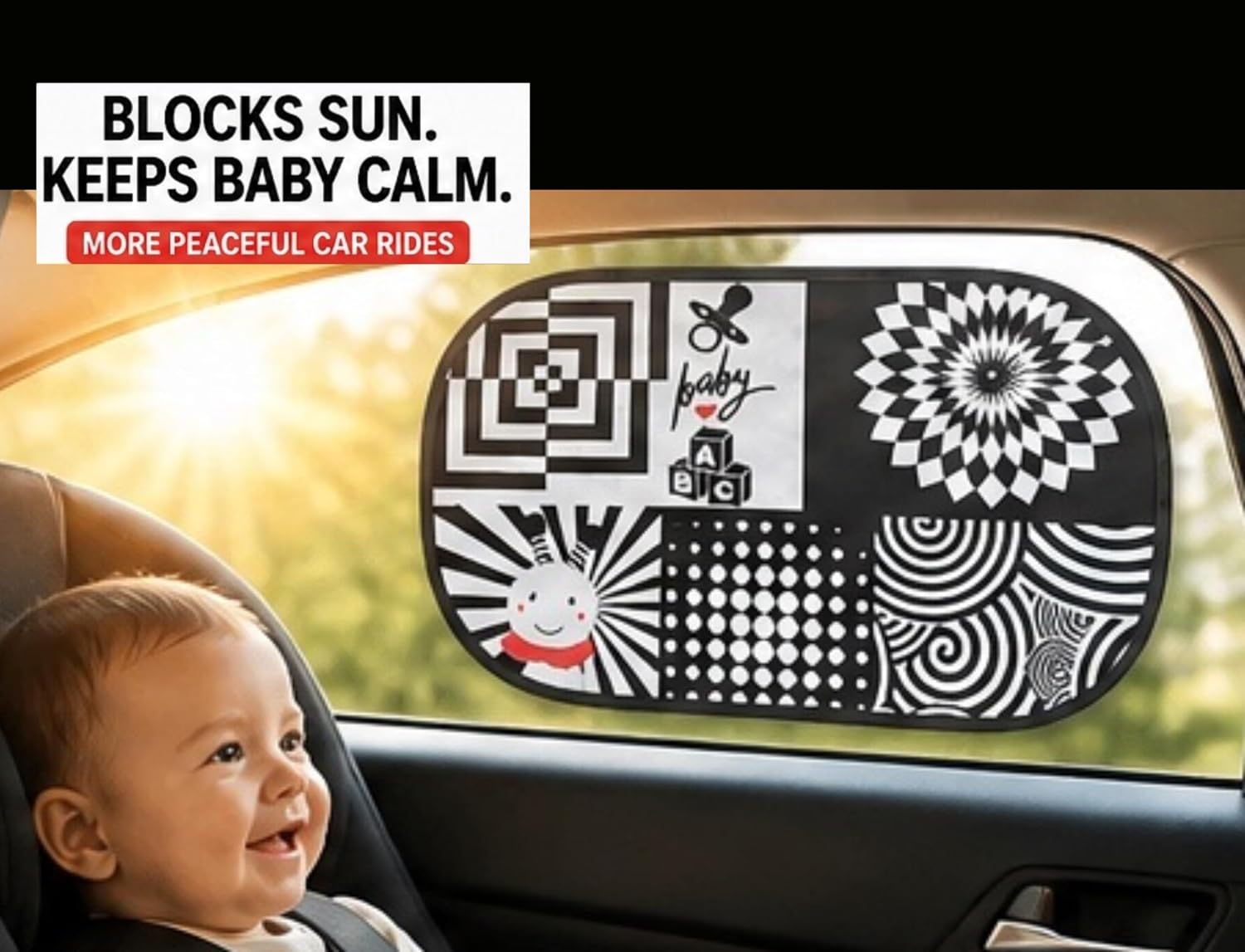 Baby Car Window Shade for Infants – High Contrast Black & White Visual Stimulation for Babies – Keeps Baby Calm & Engaged During Car Rides – Easy Cling Sun Shade (2 Pack)