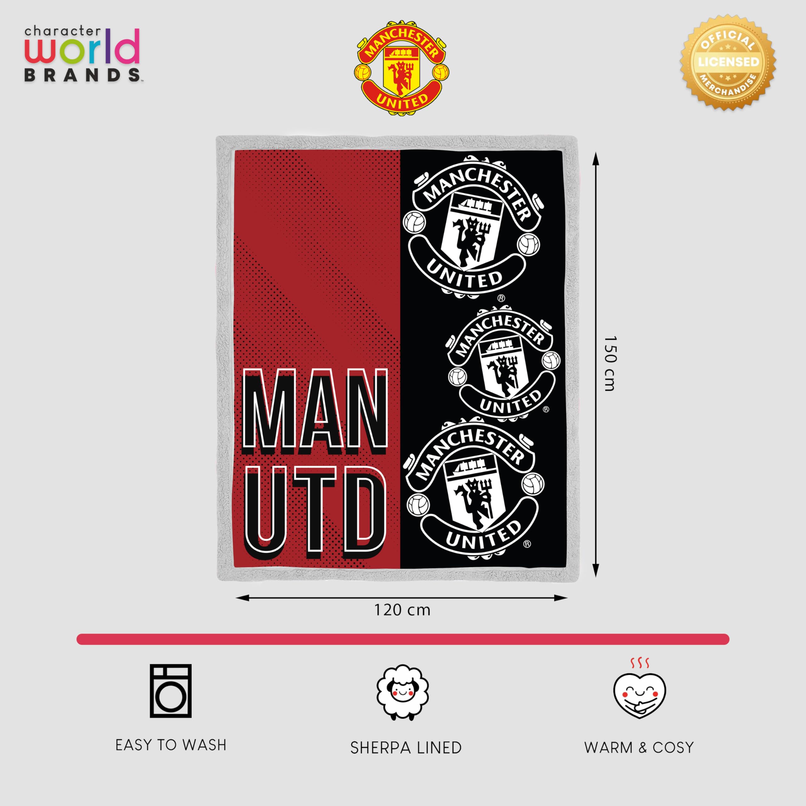 Manchester United FC Offizielle Fleecedecke | Superweiche, warme Decke mit Sherpa-Rückseite, Stacked-Design | Perfekt für Zuhause, Schlafzimmer, Übernachtungen & Camping | Größe 120 x 150 cm