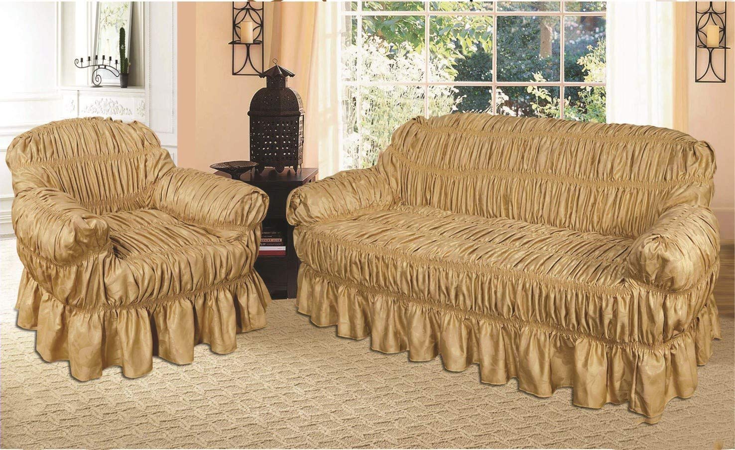Jacquard Sofa Cover for 1, 2 & 3 Seater in/Alternate to Sofa Throw (Lily-Gold, 2 Seater)