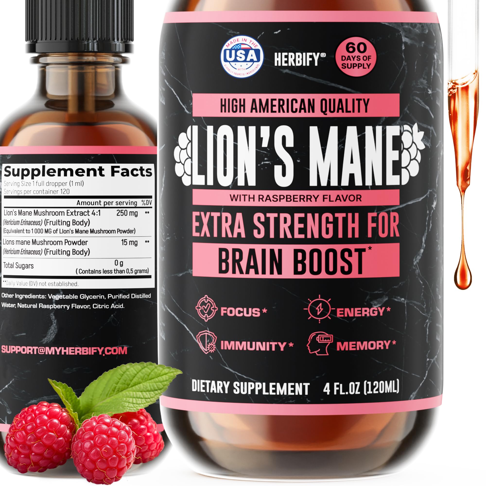 HERBIFY Lions Mane Supplement - Daily Mushroom Supplement for Memory, Focus & Clarity - Brain Booster - Lions Mane Tincture for Natural Immune Support - 4 Fl Oz Raspberry Flavor