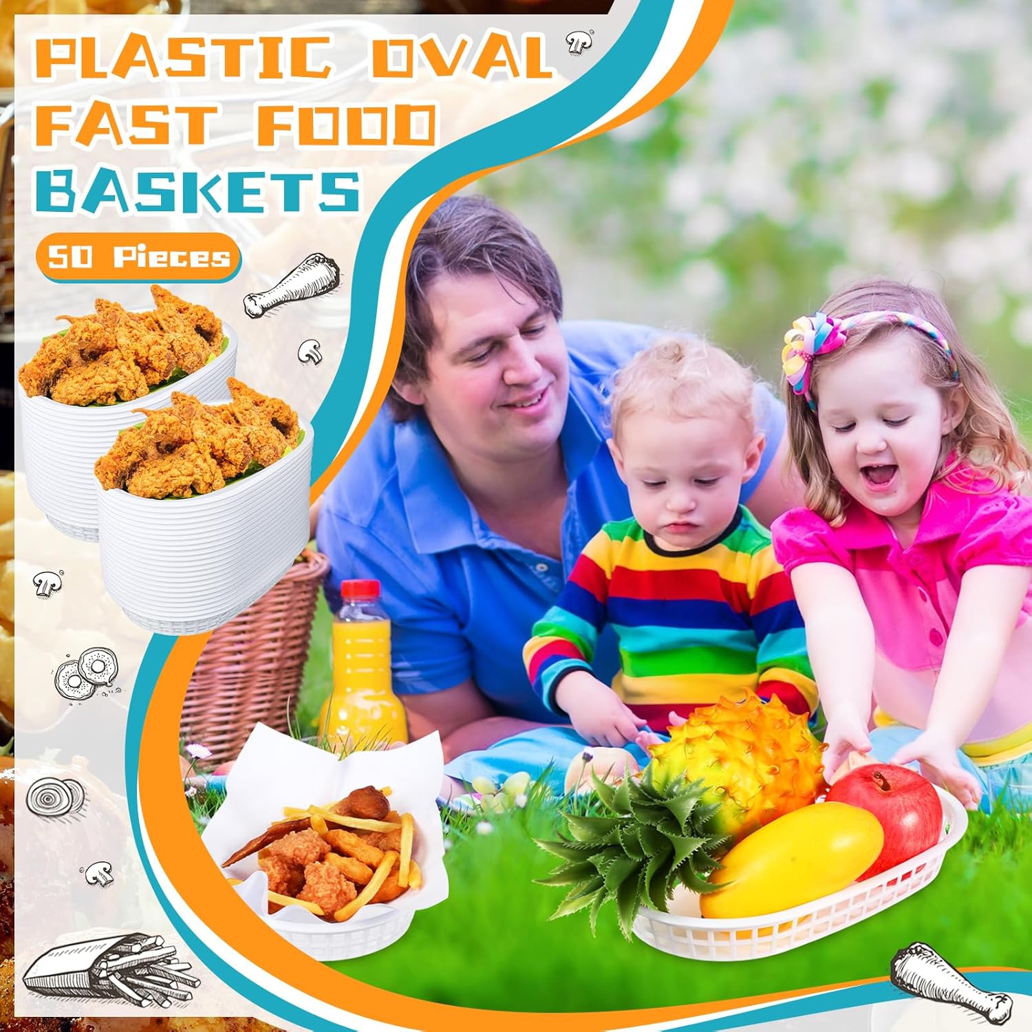 Hsei 50 Pack Fast Food Baskets 10.5 x 7 Inch Oval Fry Basket Plastic Food Serving Trays White Chip Basket Reusable Bread Baskets for Restaurant Supplies Hot Dog Deli Serving Chicken Fries Burgers