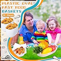 Vista 4 de Hsei Paquete de 50 cestas de comida rápida de 10.5 x 7 pulgadas, bandejas de plástico ovaladas para servir alimentos, cestas de pan reutilizables
