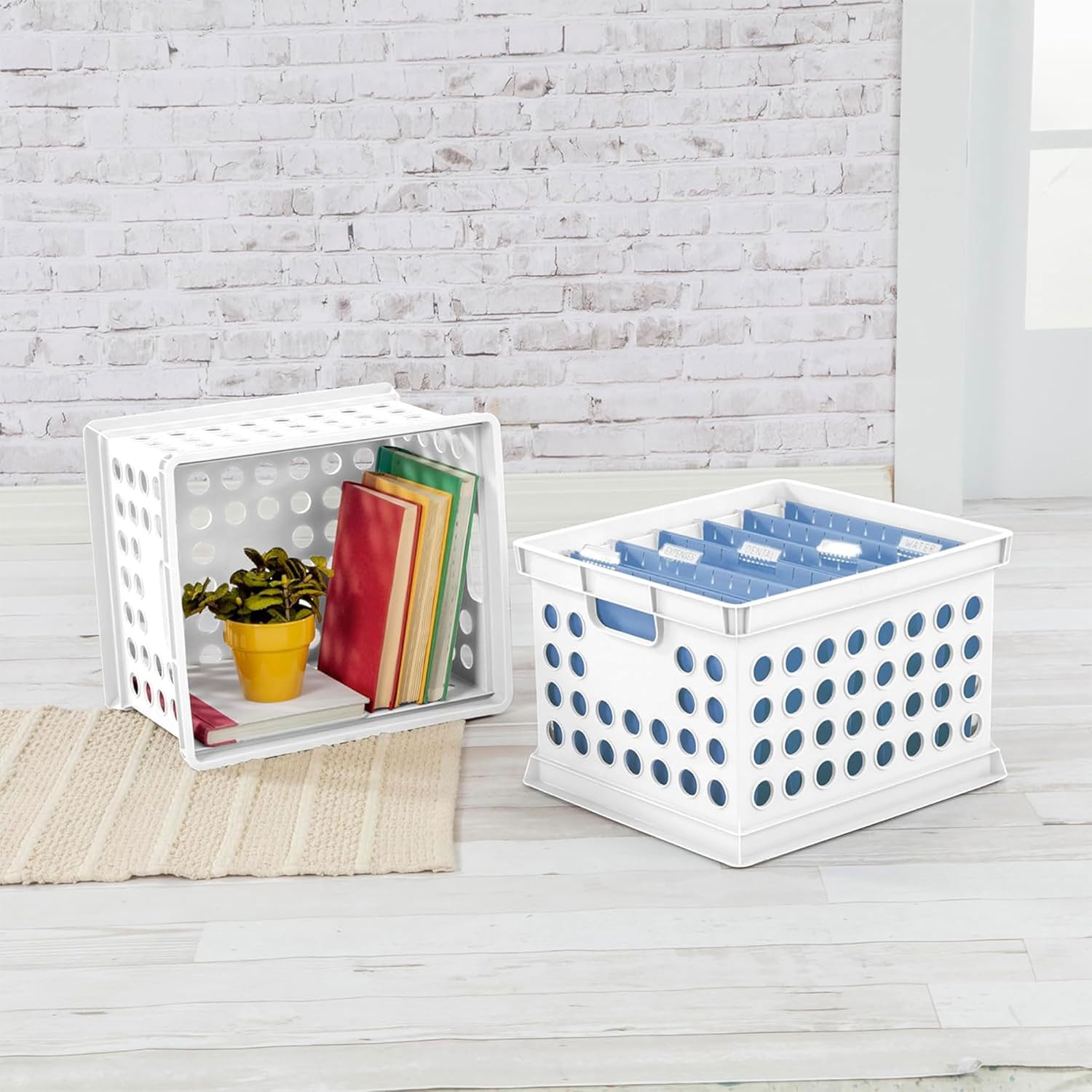 Sterilite Stackable Plastic Storage Crate Bin Organizer File Box with Handles for Home, Office, Dorm, Garage, or Utility Organization, White, 24-Pack