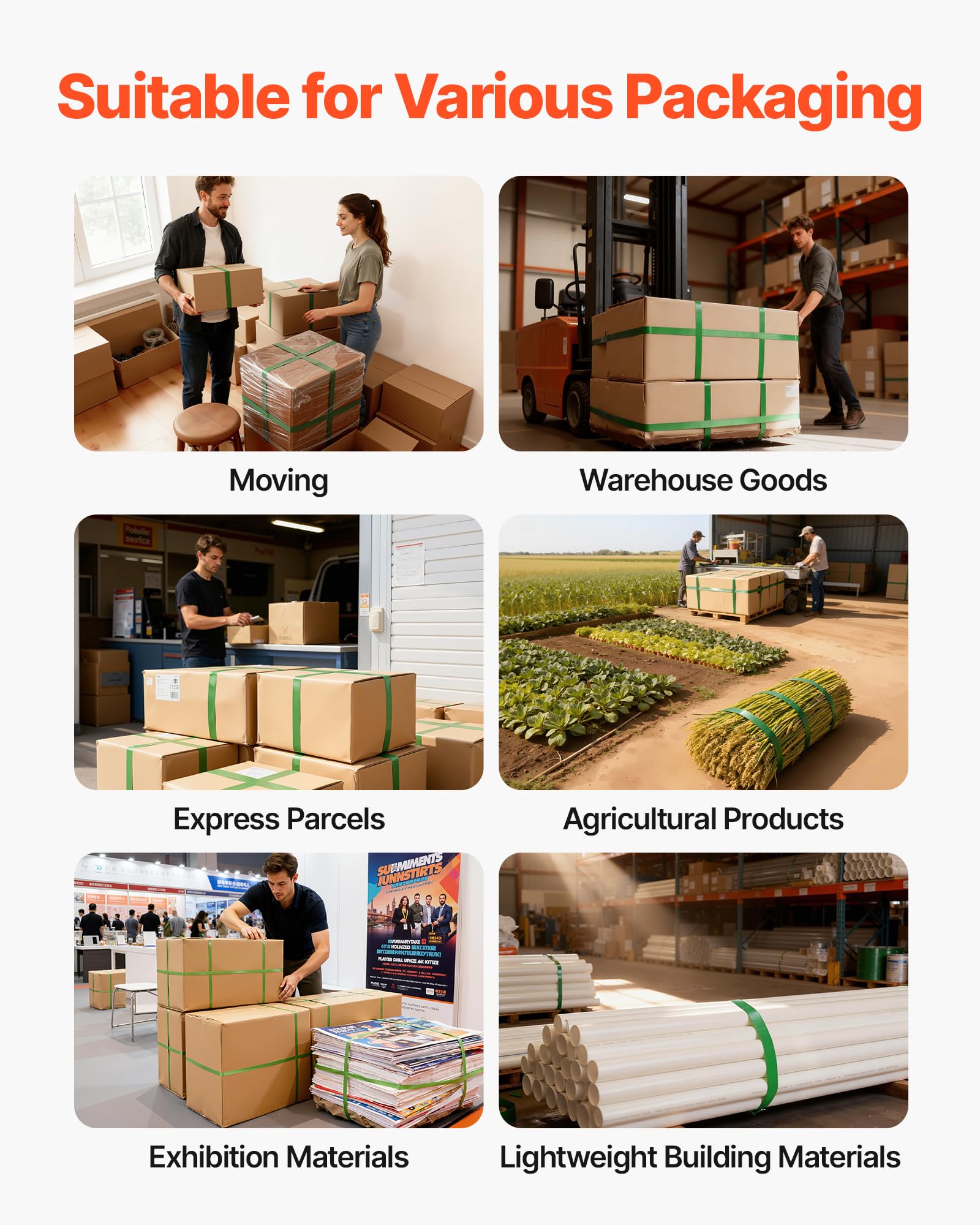 VEVOR Juego de Flejado Manual con Fleje de PET de 304,8 m y 300 Precintos Metálicos, Herramienta de Flejado para Embalaje, Kit Completo para Almacén, Mercado, Garaje, Envío, Mudanza, Hogar, Naranja