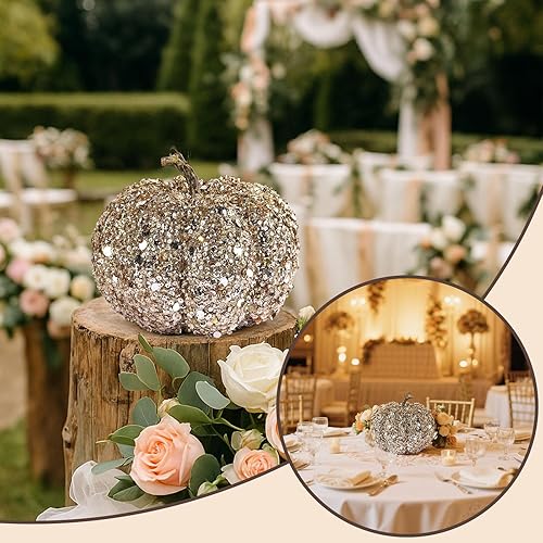 Miniatura 6 de DomeStar - Calabaza artificial con brillantina, dorada, de cosecha o granja, para decorar centros de mesa, otoño, Halloween y Acción de Gracias