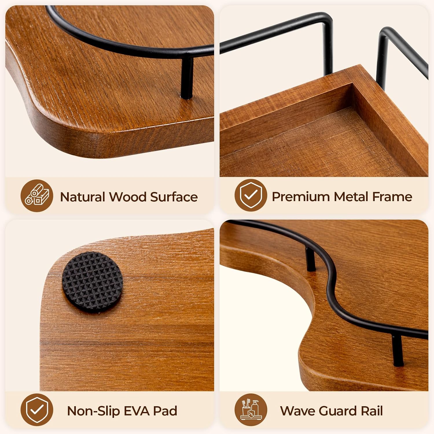 Rofio 2-Tier Corner Bathroom Counter Organizer with Solid Wood Shelf | Natural wood vanity storage rack for skincare & makeup. Fits bathroom, kitchen, bedroom & countertop corners.