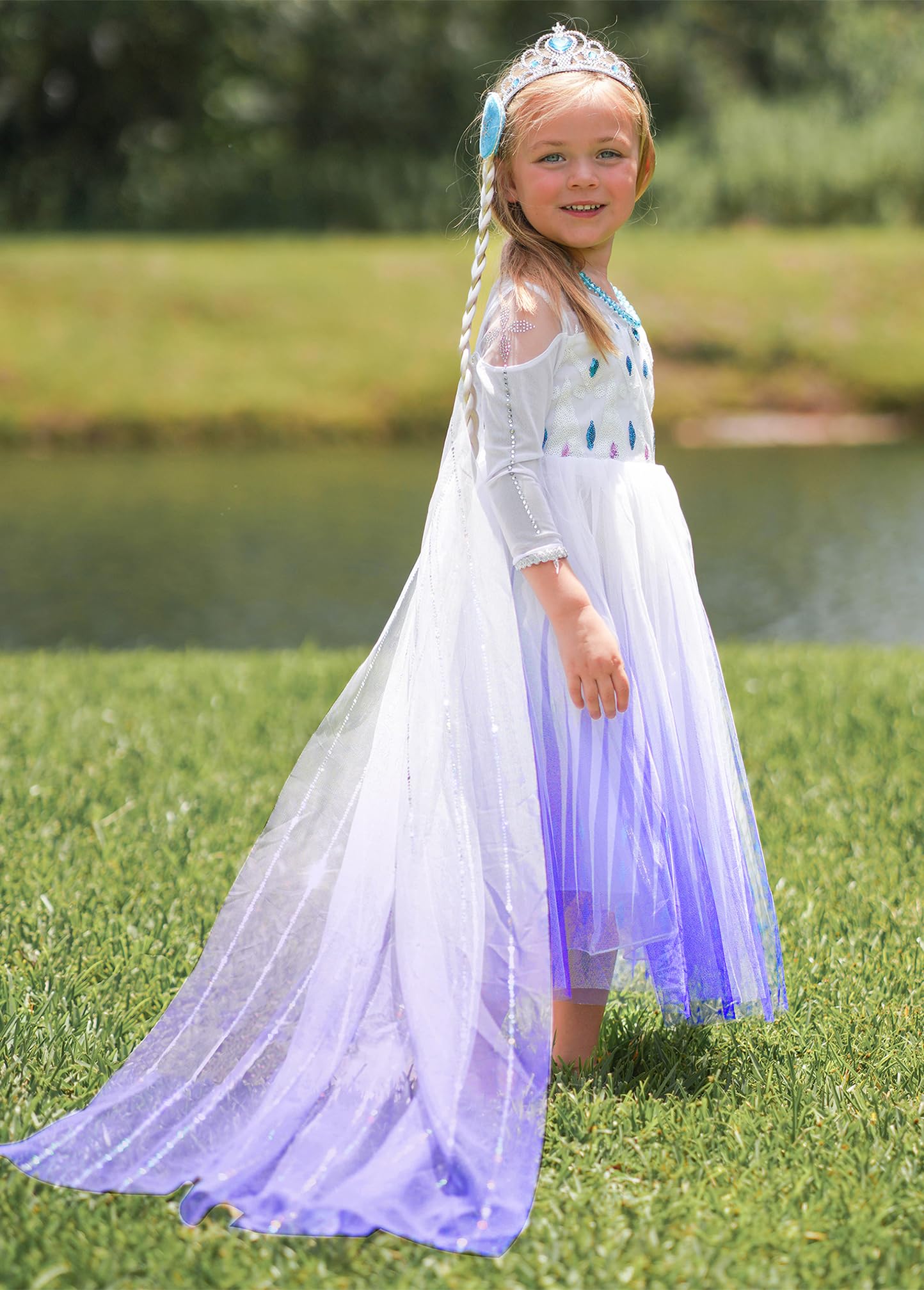 Aoiviss Vestido de Princesa de Lentejuelas para Niñas Disfraz de Princesa de Manga Larga de Diamante Blanco Fiesta Carnaval