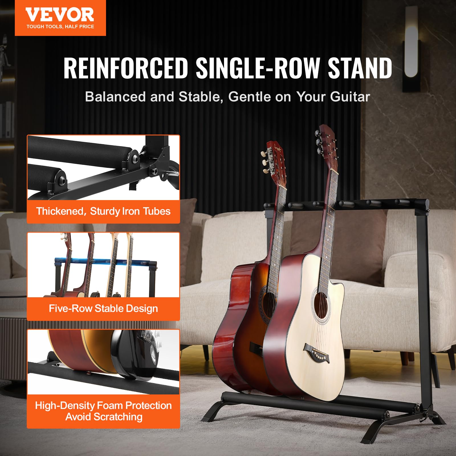 VEVOR 5 Fach Gitarrenständer, Gitarrenstativ, faltbares Gestell mit rutschfester Basis, Sicherheitsstift und Schutz aus hochdichtem Schaumstoff, für Gitarre, Akustik- und E-Bass