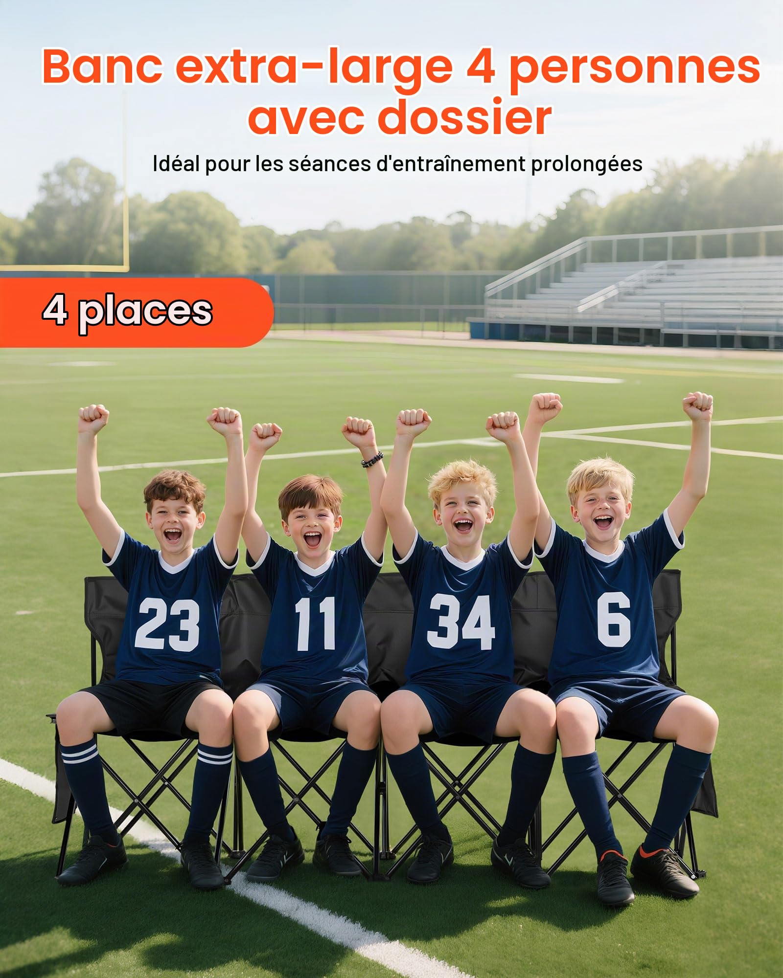 VEVOR Banc Pliant Portable à 4 Places, Banc de Camping Pliable avec Poches de Rangement et Sac de Transport, siège latéral léger avec Dossier pour Football, Baseball et événements en Plein air, Noir