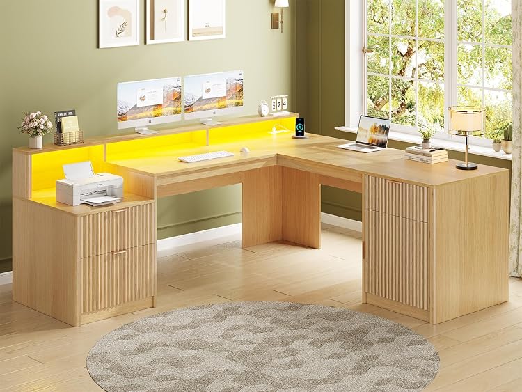 SEDETA 66" L-Shaped Desk with Drawers, File Cabinet, Monitor Stand, Power Outlets & LED Lights - Oak